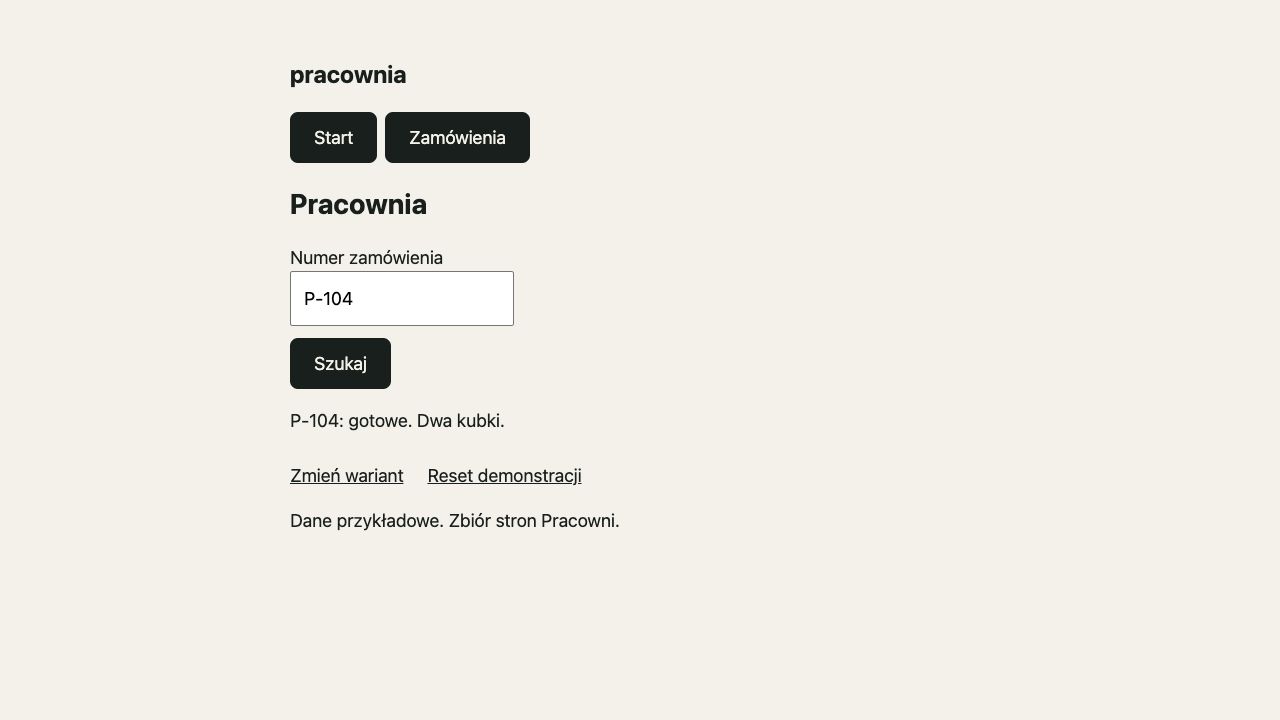 Start good: przycisk Szukaj i wynik P-104: gotowe. Dwa kubki.