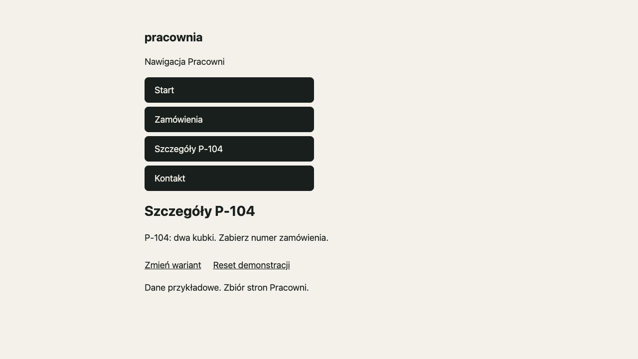 WWW control po otwarciu Szczegółów: treść o dwóch kubkach zamówienia P-104.