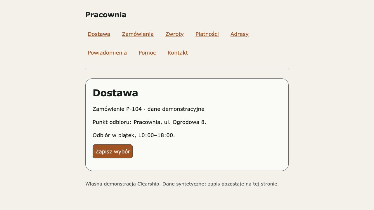 Control Dostawa: menu i główna treść ze strukturą nav, main i h1.
