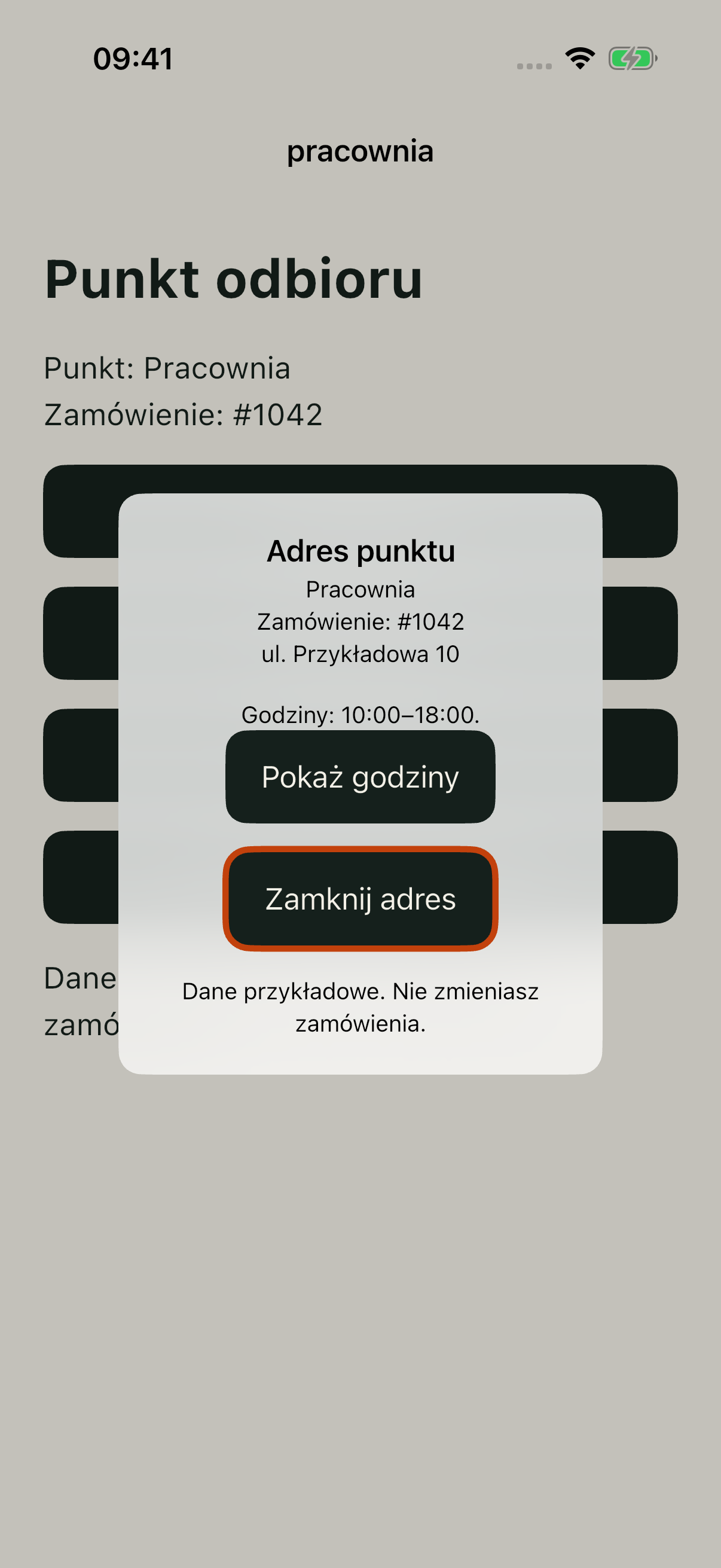 Ten sam modal z godzinami 10:00–18:00; fokus na Zamknij adres.