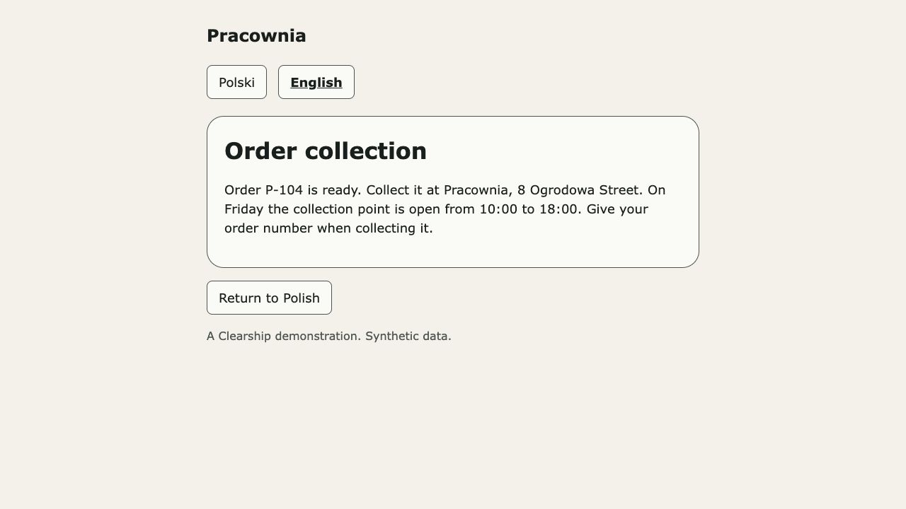 HTML good po English: Order collection i te same dane zamówienia P-104.