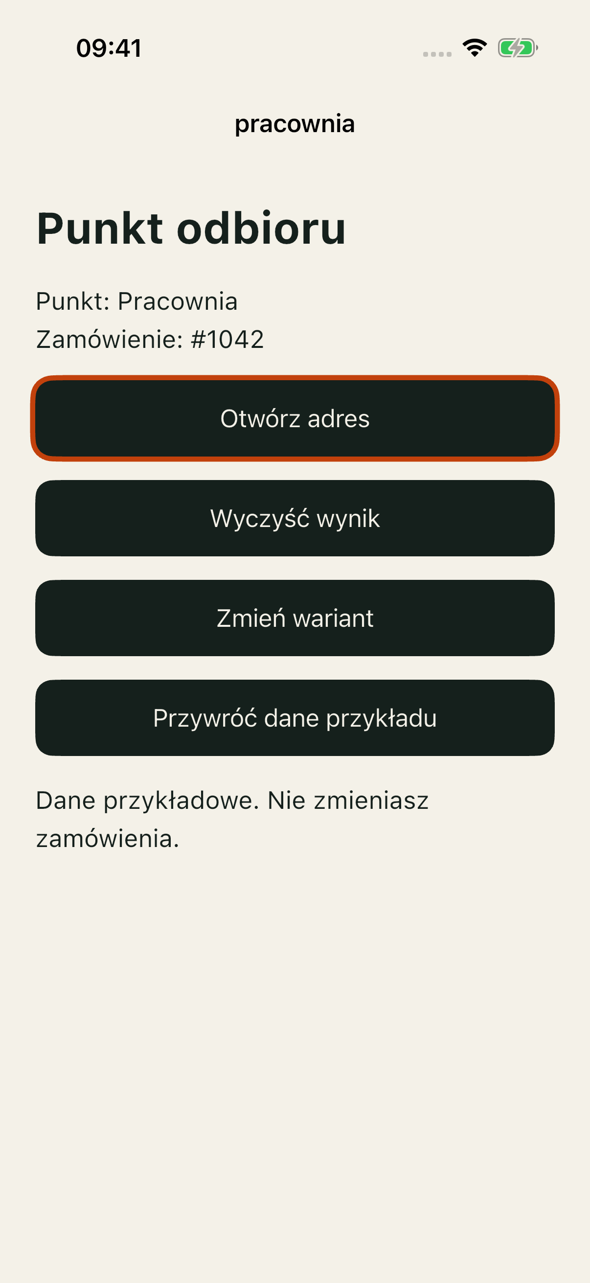 Pracownia po zamknięciu modalu przez Space; fokus na Otwórz adres.