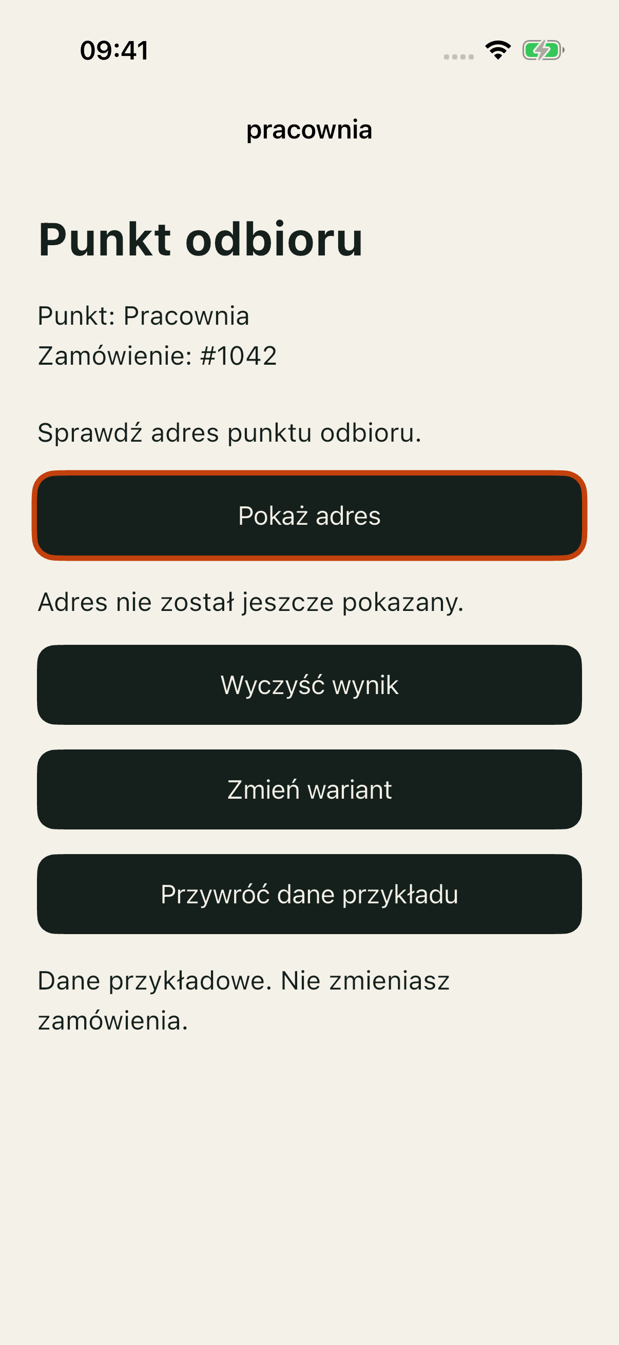 Pracownia good: fokus na Pokaż adres po Tab, adres jeszcze ukryty.