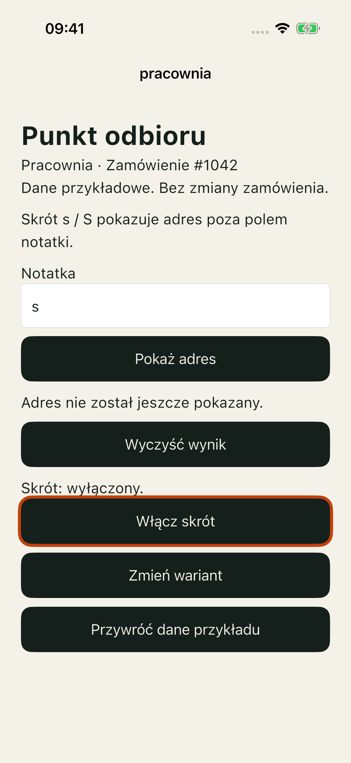 Pracownia good po wyłączeniu: adres ukryty, fokus Włącz skrót, notatka s.