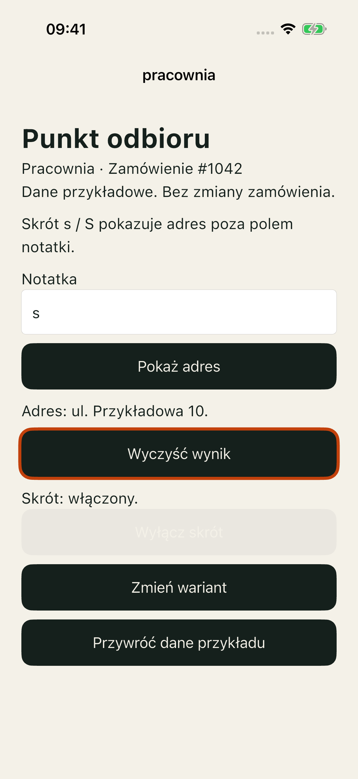 Ta sama Pracownia po s przy Wyczyść wynik: adres ul. Przykładowa 10 widoczny.