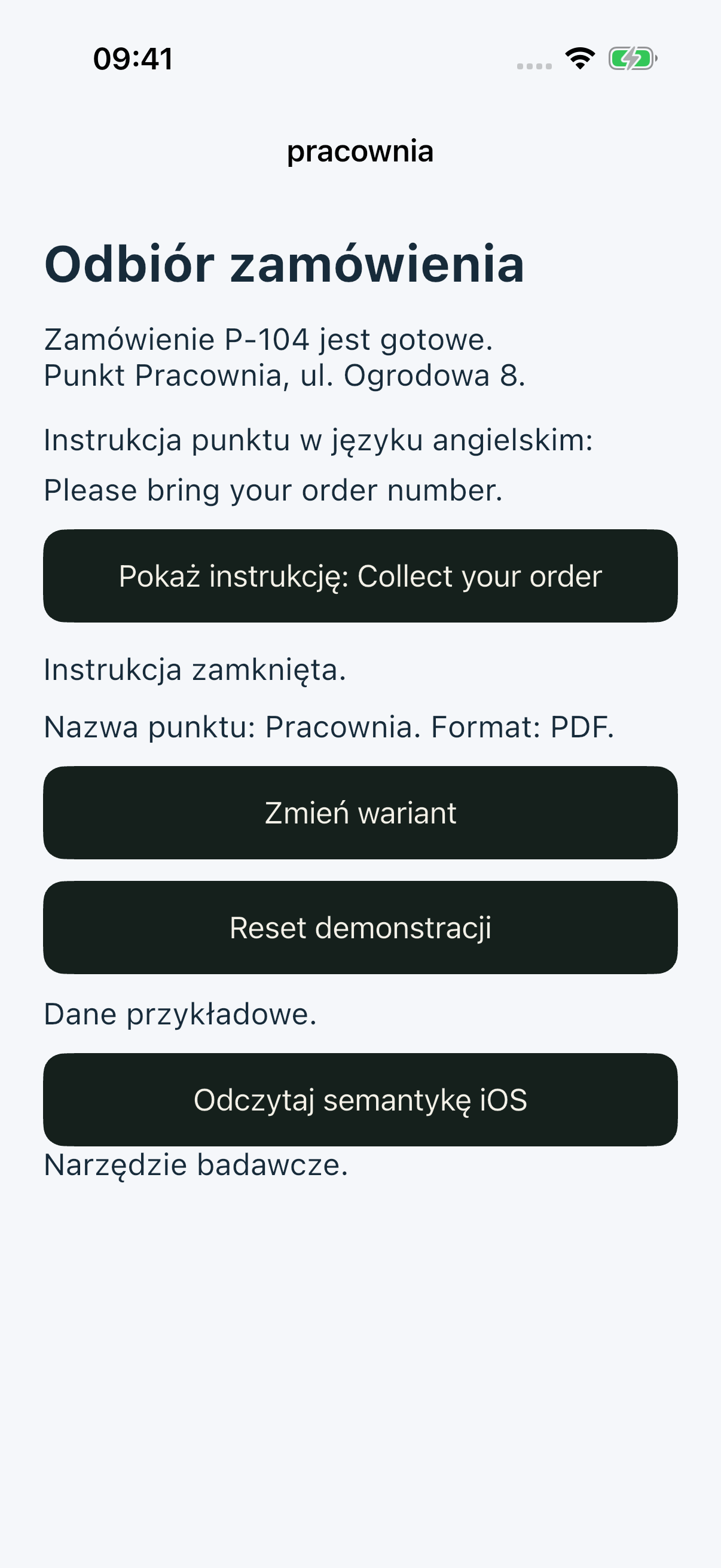 Good na iOS Simulator: angielska instrukcja i mieszana polsko-angielska etykieta w Pracowni.