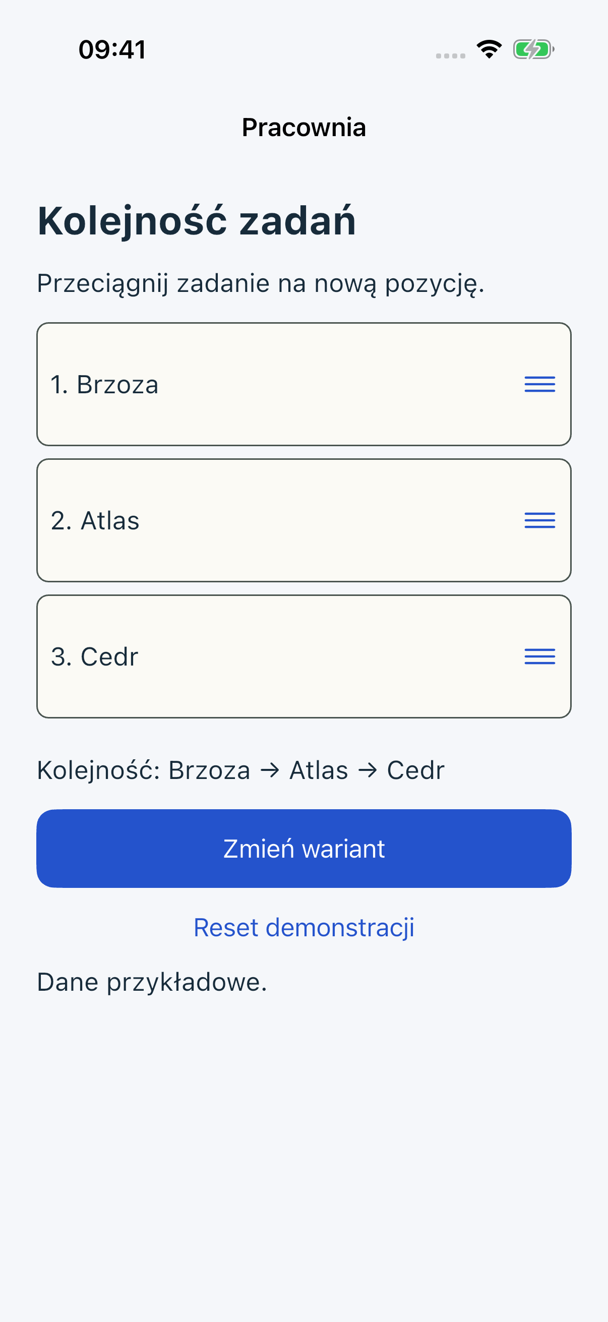 Bad po przeciągnięciu Atlas: Brzoza, Atlas, Cedr, bez przycisków przesuwania.