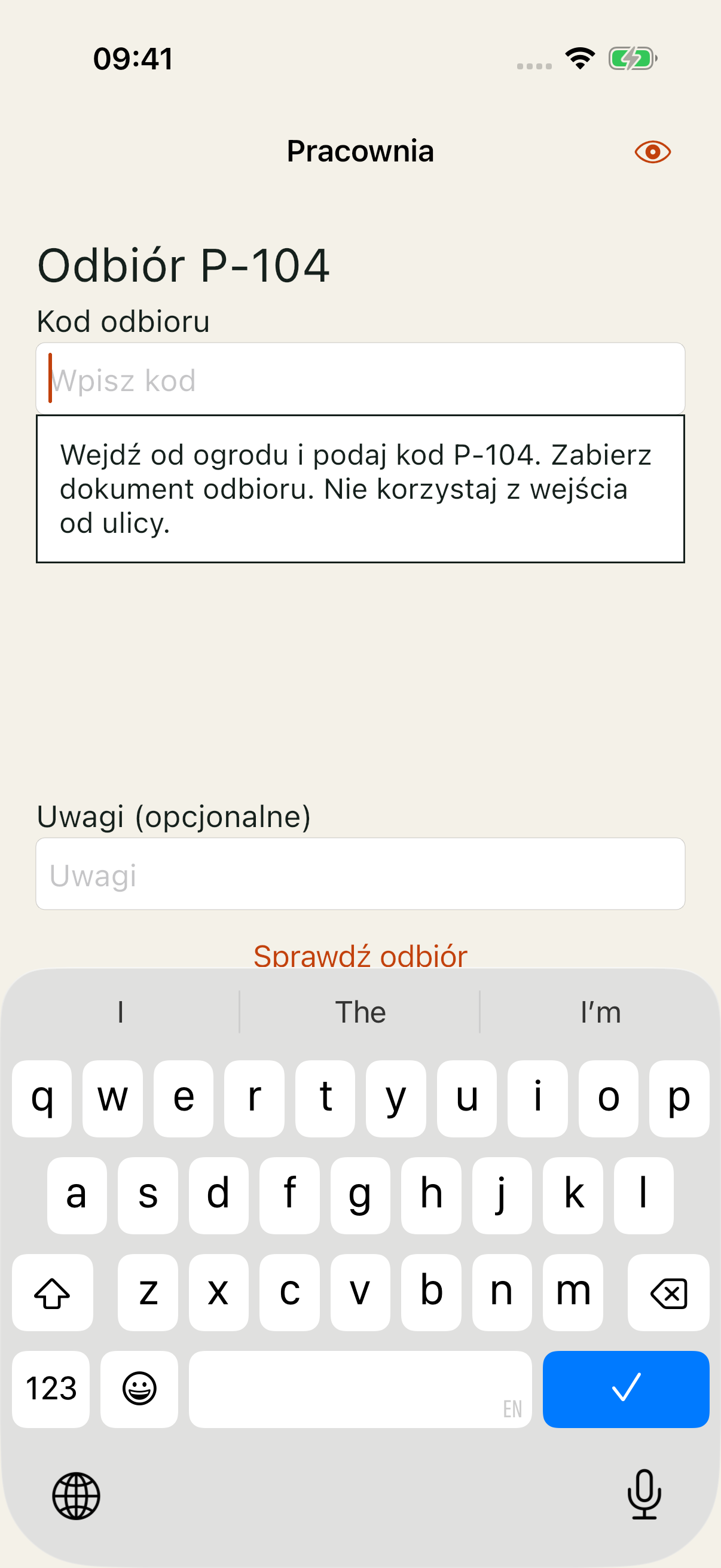 Pracownia na iOS, bad: panel instrukcji pod polem kodu zasłania termin odbioru i nie ma zamknięcia.