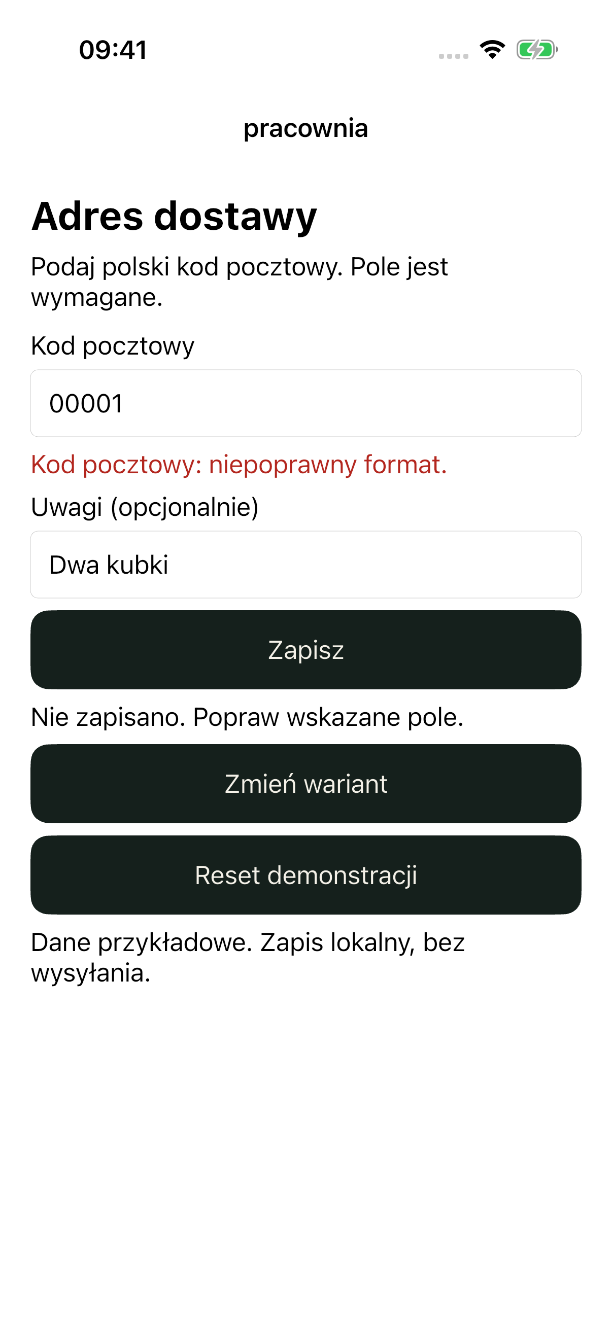 iOS bad: 00001, niepoprawny format kodu pocztowego i uwagi Dwa kubki, bez sugestii.