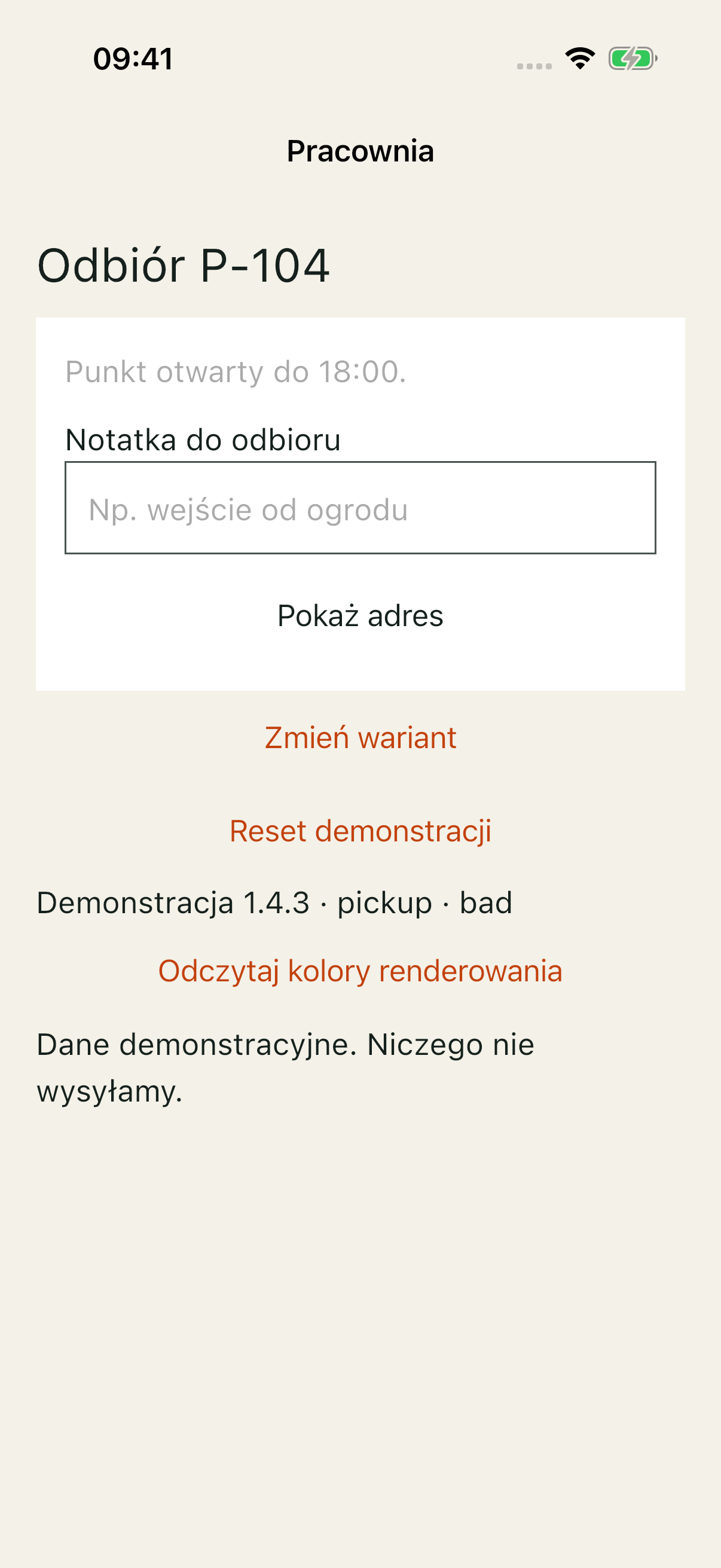 Pracownia iOS: jasne godziny odbioru i placeholder na białej karcie.