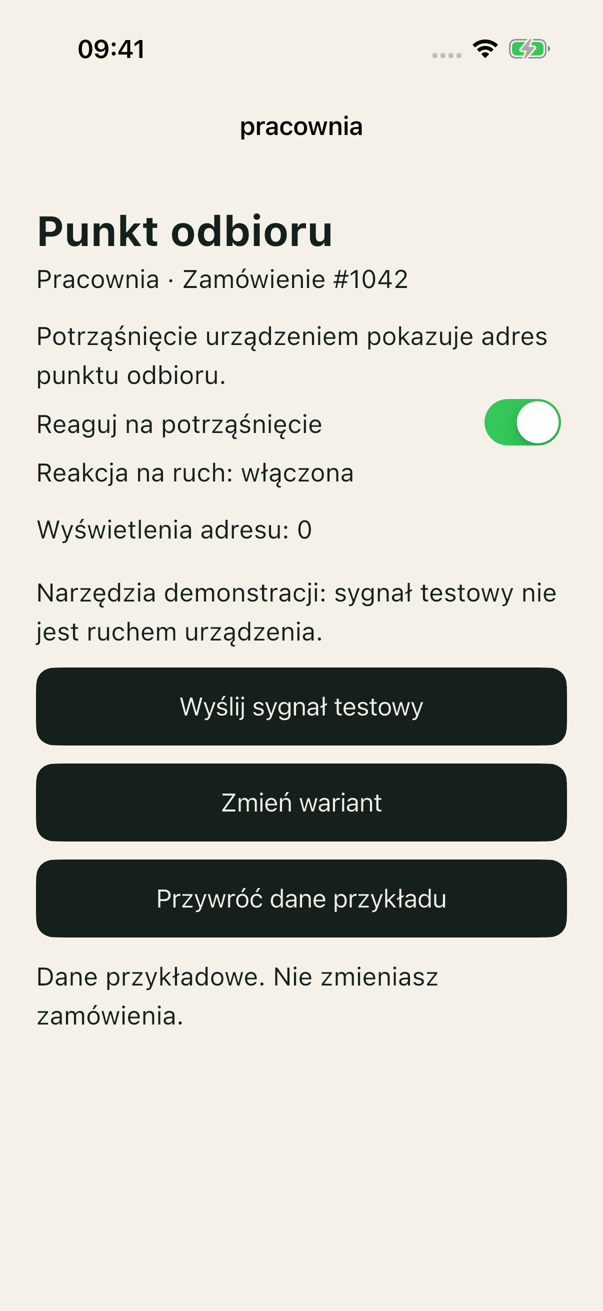 Bad: wyłącznik i narzędzie sygnału, brak zwykłego przycisku Pokaż adres.