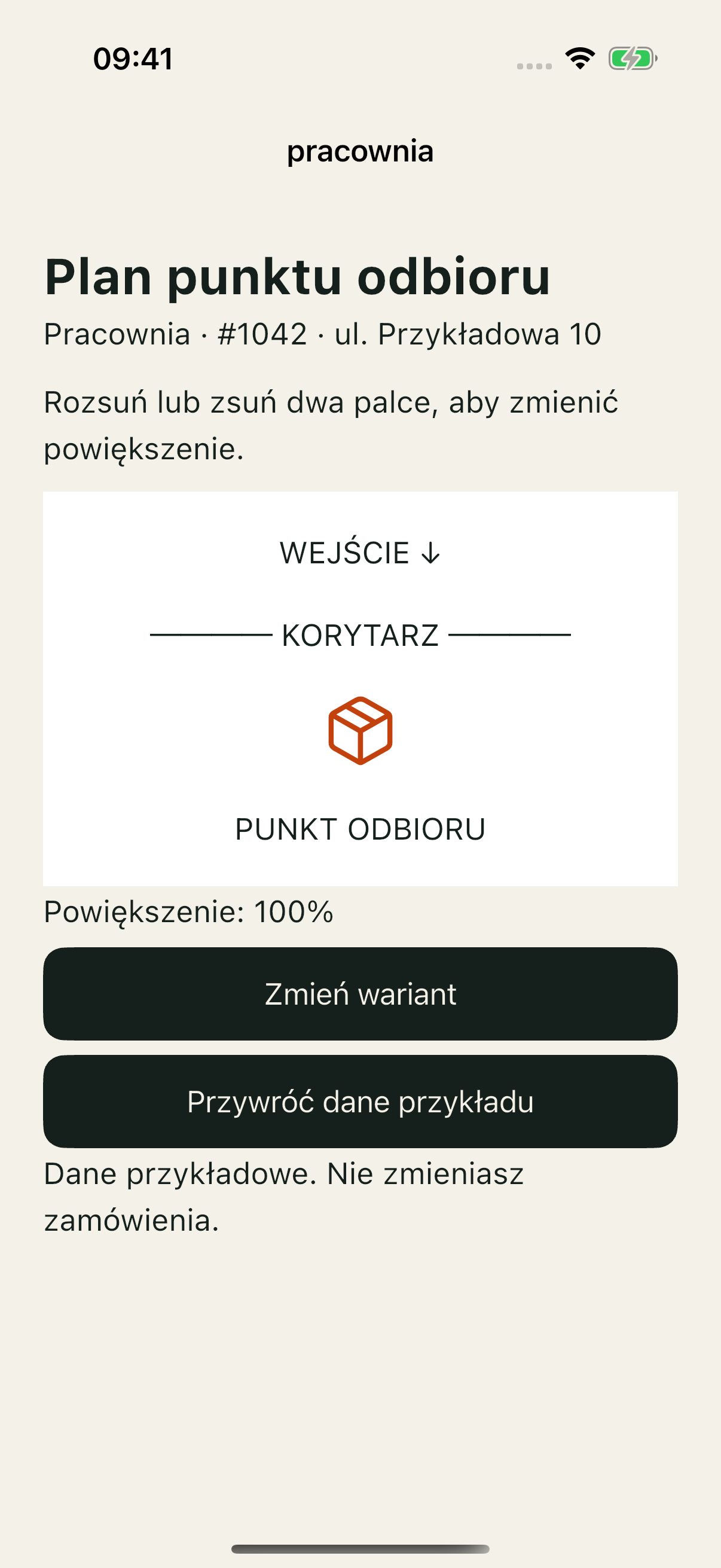 iOS Simulator, błędny wariant na początku: plan 100%, brak przycisków zmiany skali.