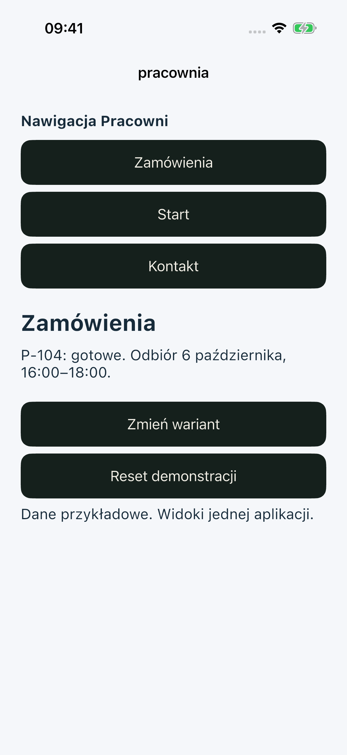 iOS bad w Zamówieniach: Zamówienia, Start, Kontakt nad tą samą treścią.