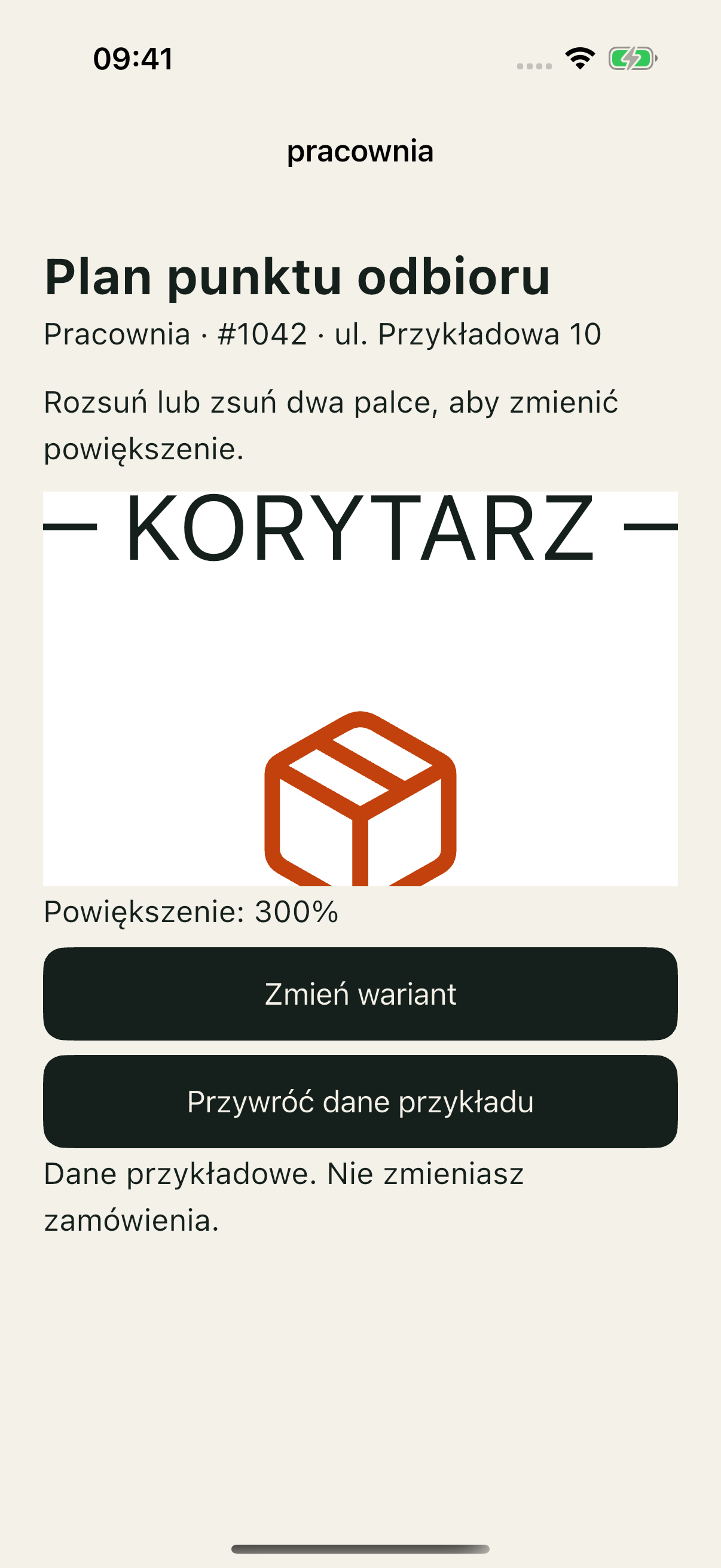 iOS Simulator, błędny wariant po pinch: plan jest powiększony, nadal brak prostej alternatywy zmiany skali.