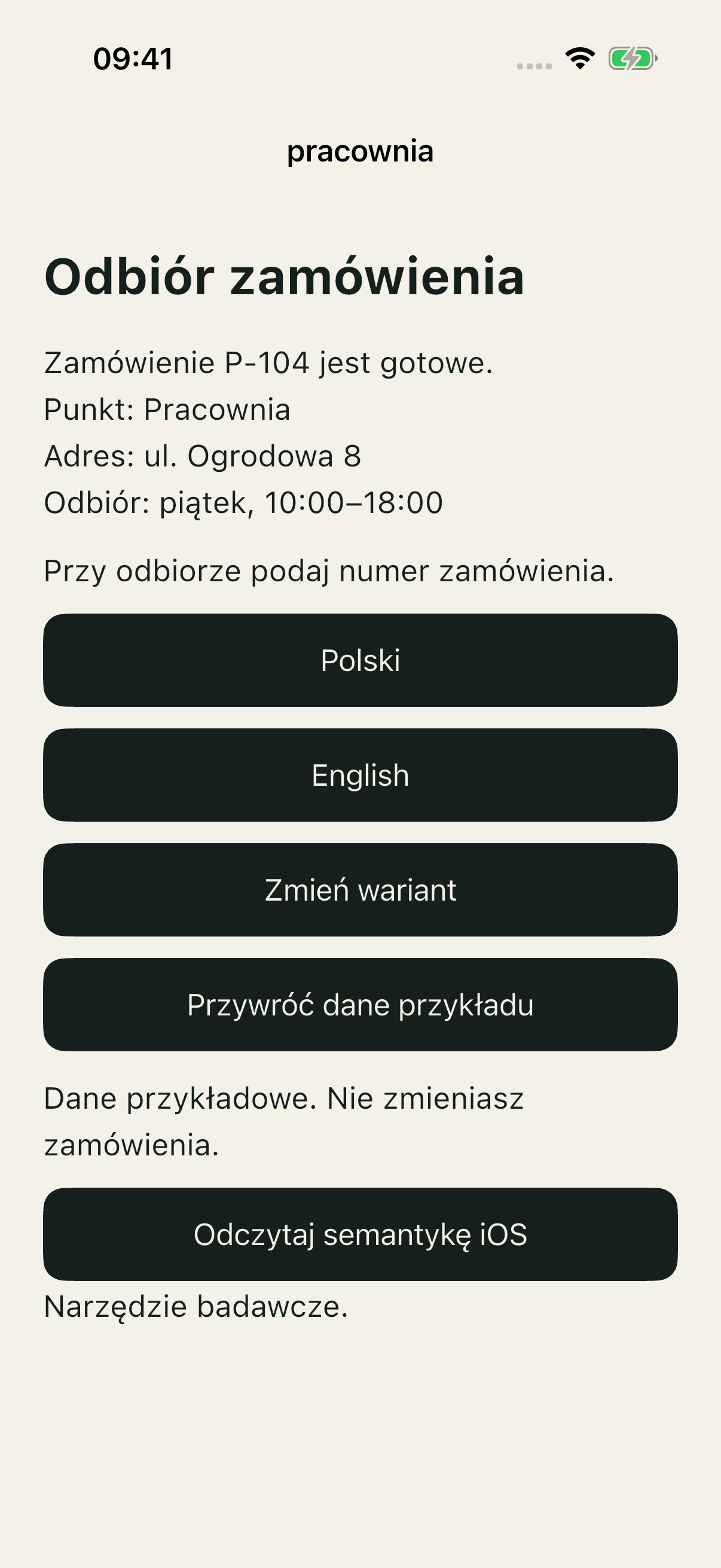 Polski ekran odbioru P-104 w Pracowni na iOS Simulator, wariant good.