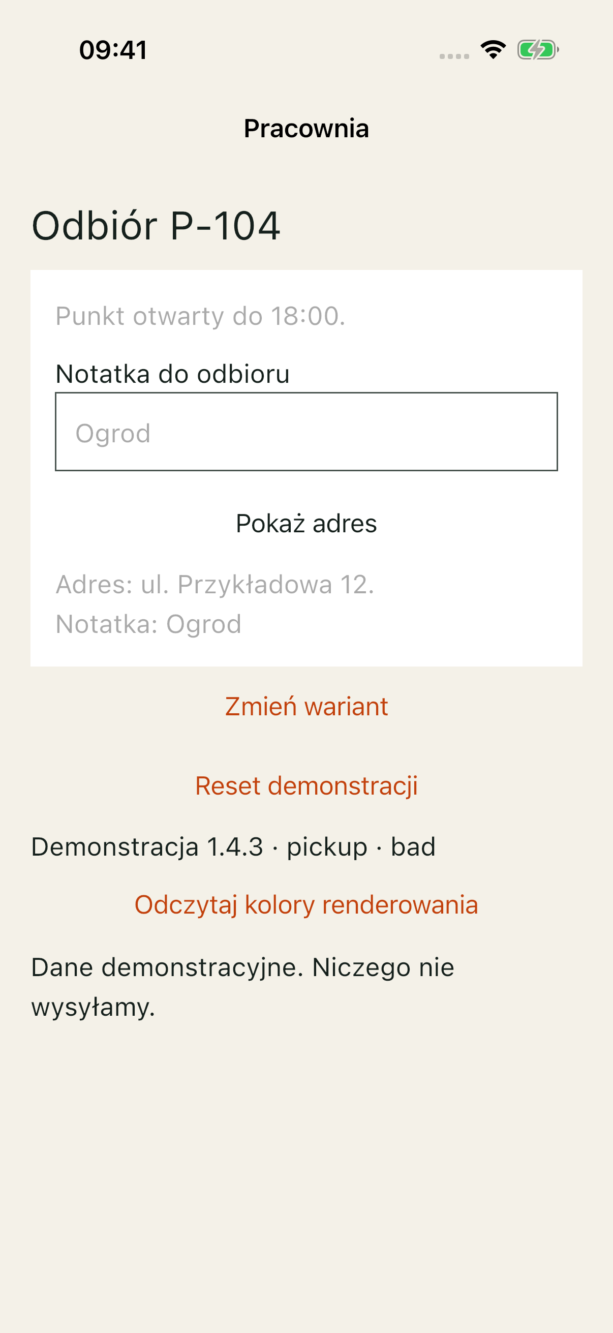 Pracownia iOS po wpisaniu Ogrod: jasna notatka i ujawniony adres.