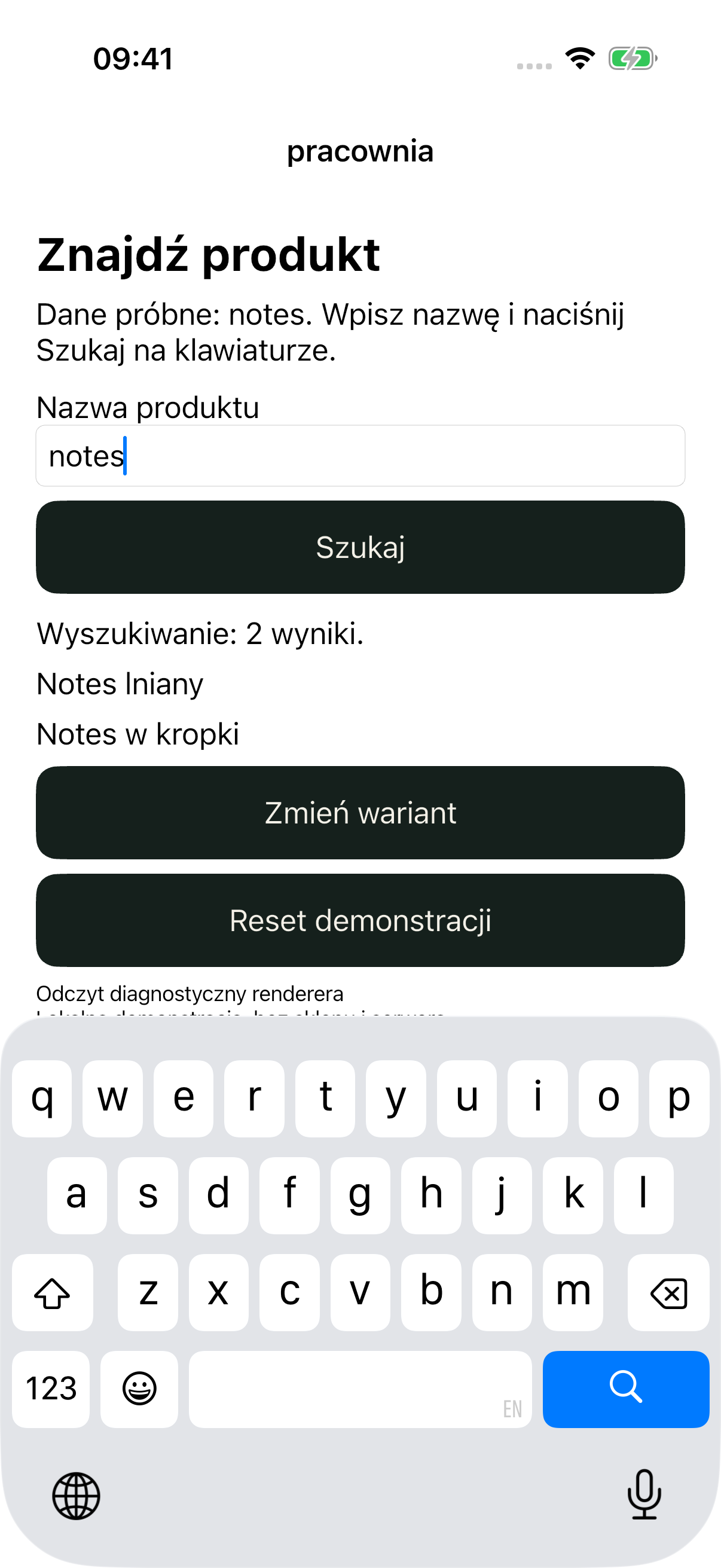iOS good po Szukaj: dwa wyniki i kursor w polu Nazwa produktu.