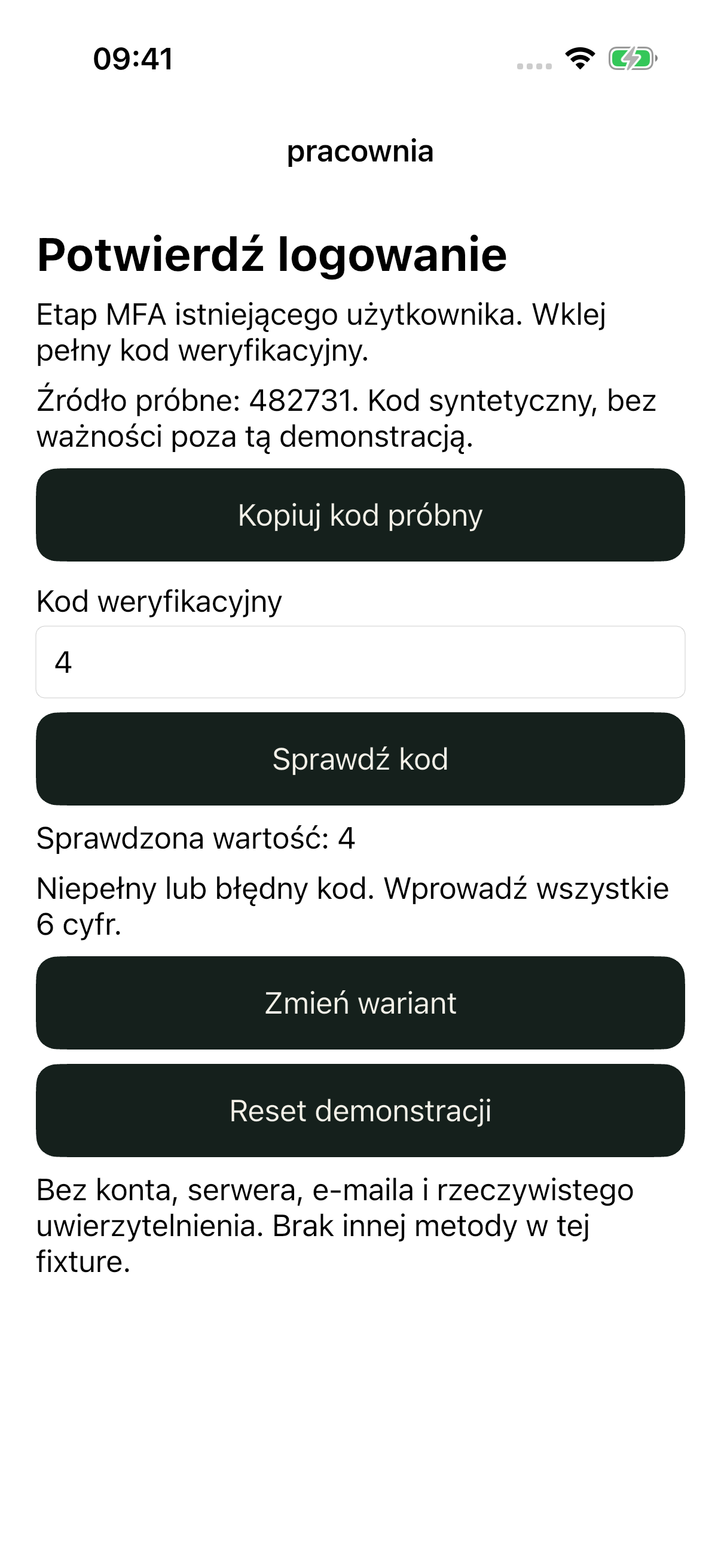 iOS bad: po pełnym wklejeniu przyjęto tylko 4, a lokalny submit odrzucił kod.
