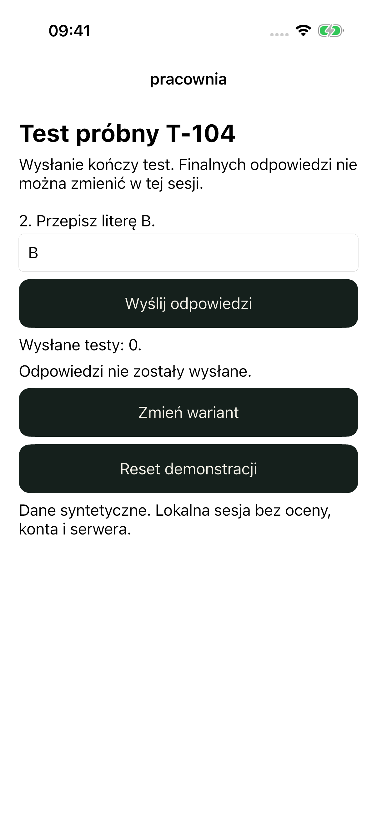 iOS bad: drugi krok z odpowiedzią B i natychmiastowym wysłaniem; brak przeglądu pierwszej odpowiedzi.