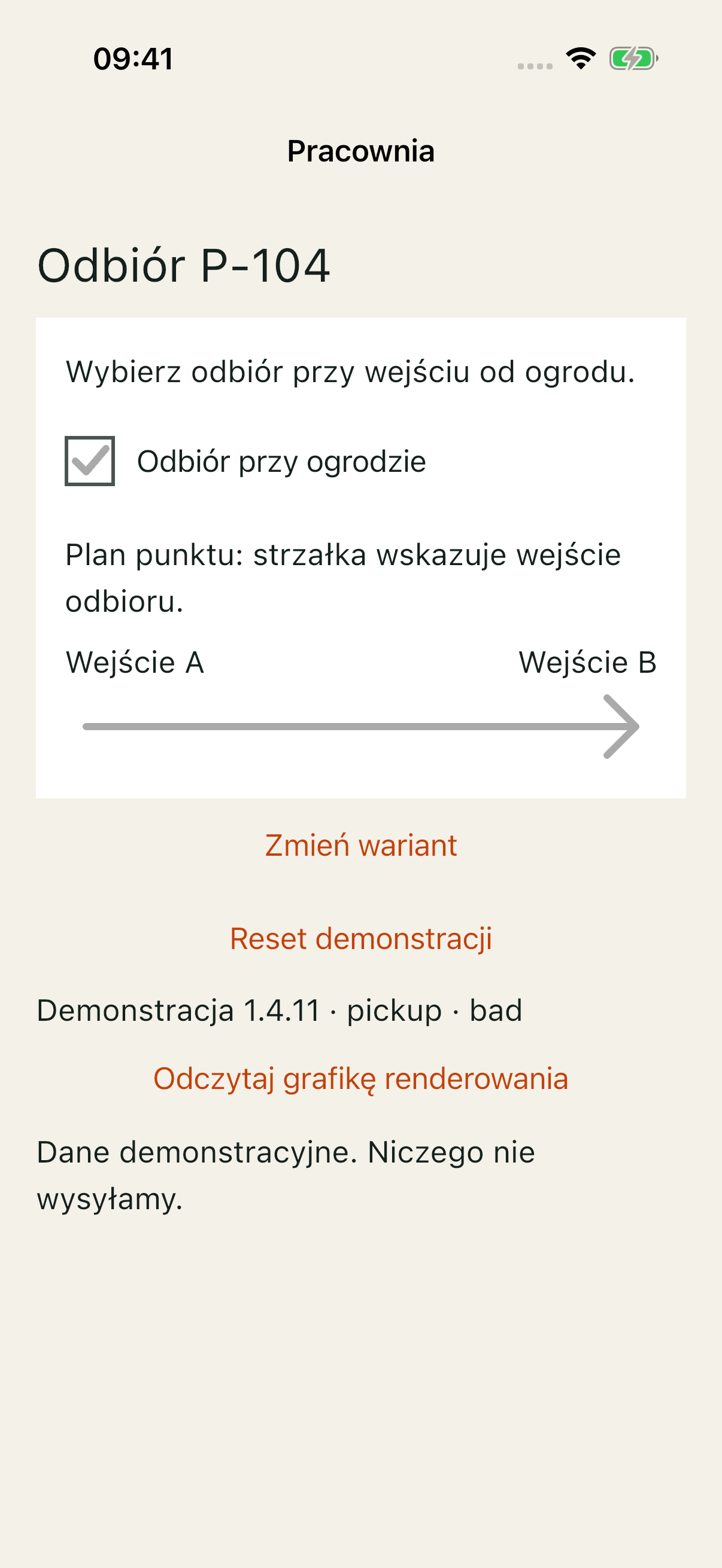 Pracownia na iOS Simulator: wybrana opcja ma jasnoszary checkmark, a jasna strzałka wskazuje wejście B.