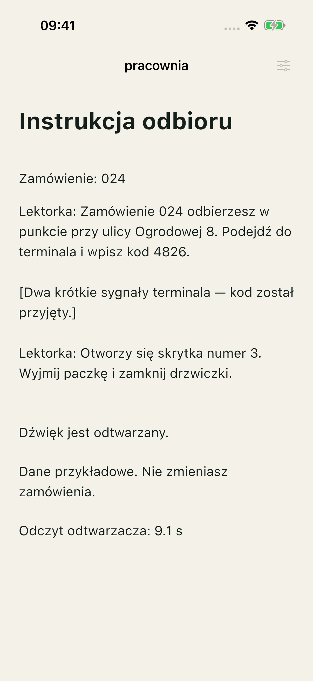 Pracownia iOS: automatyczna instrukcja odbioru, bez kontrolek dźwięku; ustawienia demonstracji nieaktywne.