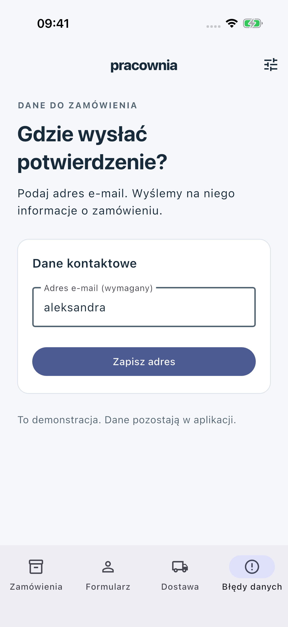 Pole zawiera aleksandra przed próbą zapisu, bez komunikatu błędu.