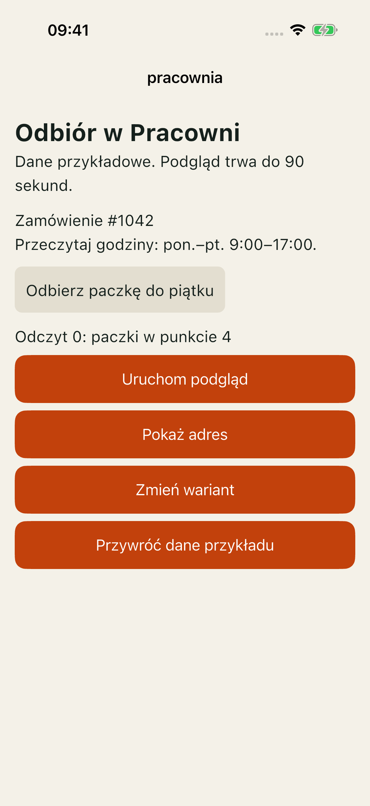 Pracownia control przed startem: odczyt 0, 4 paczki i Uruchom podgląd.