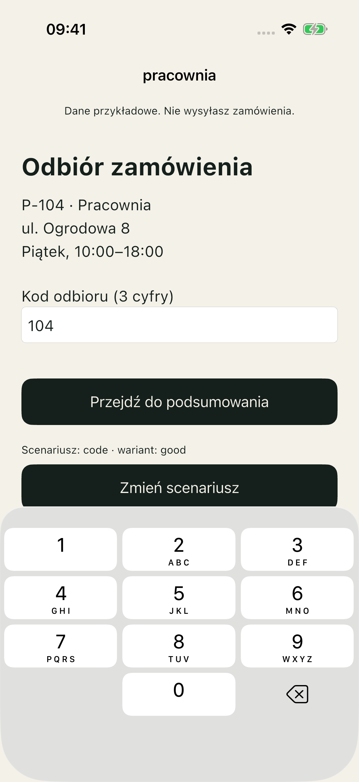Code/good z wpisanym 104: pole i przycisk Przejdź do podsumowania pozostają dostępne.