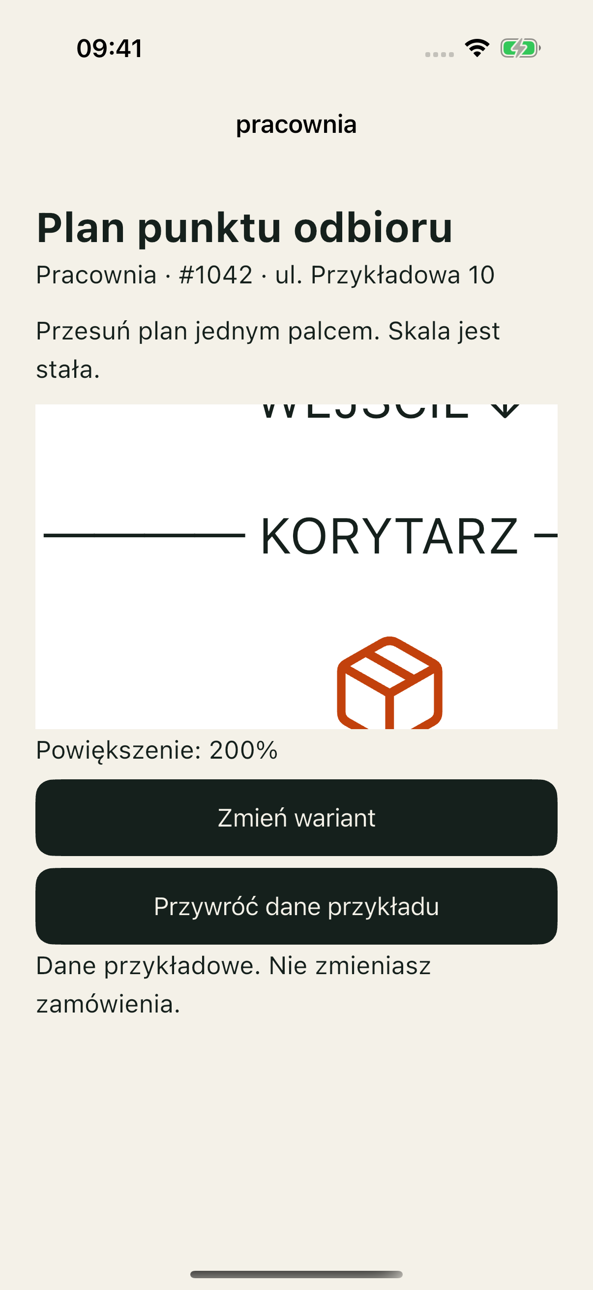 iOS Simulator, wariant kontrolny po przeciągnięciu planu po przekątnej: skala nadal 200%, treść przesunięta.