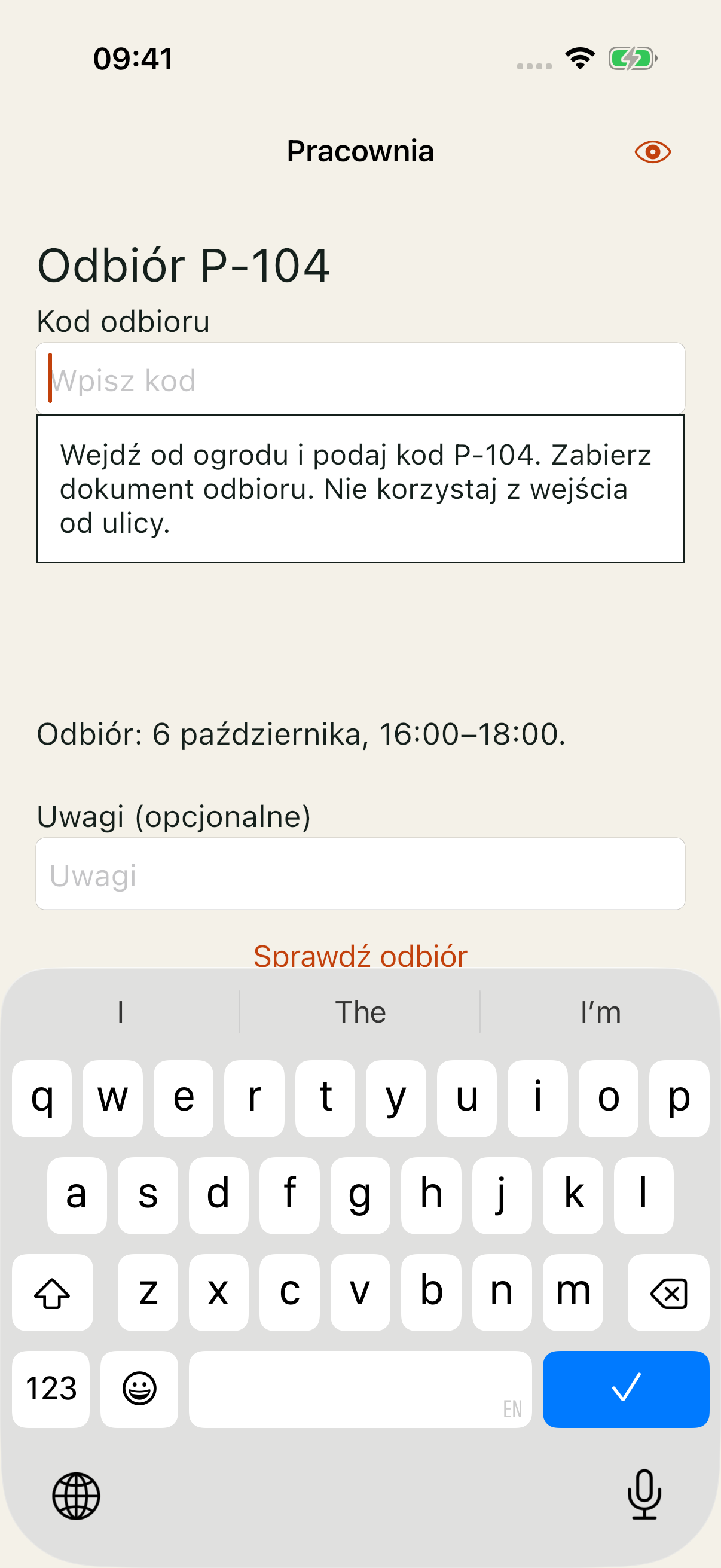 Pracownia na iOS, control: panel instrukcji nad terminem, bez nakładania i bez przycisku zamknięcia.