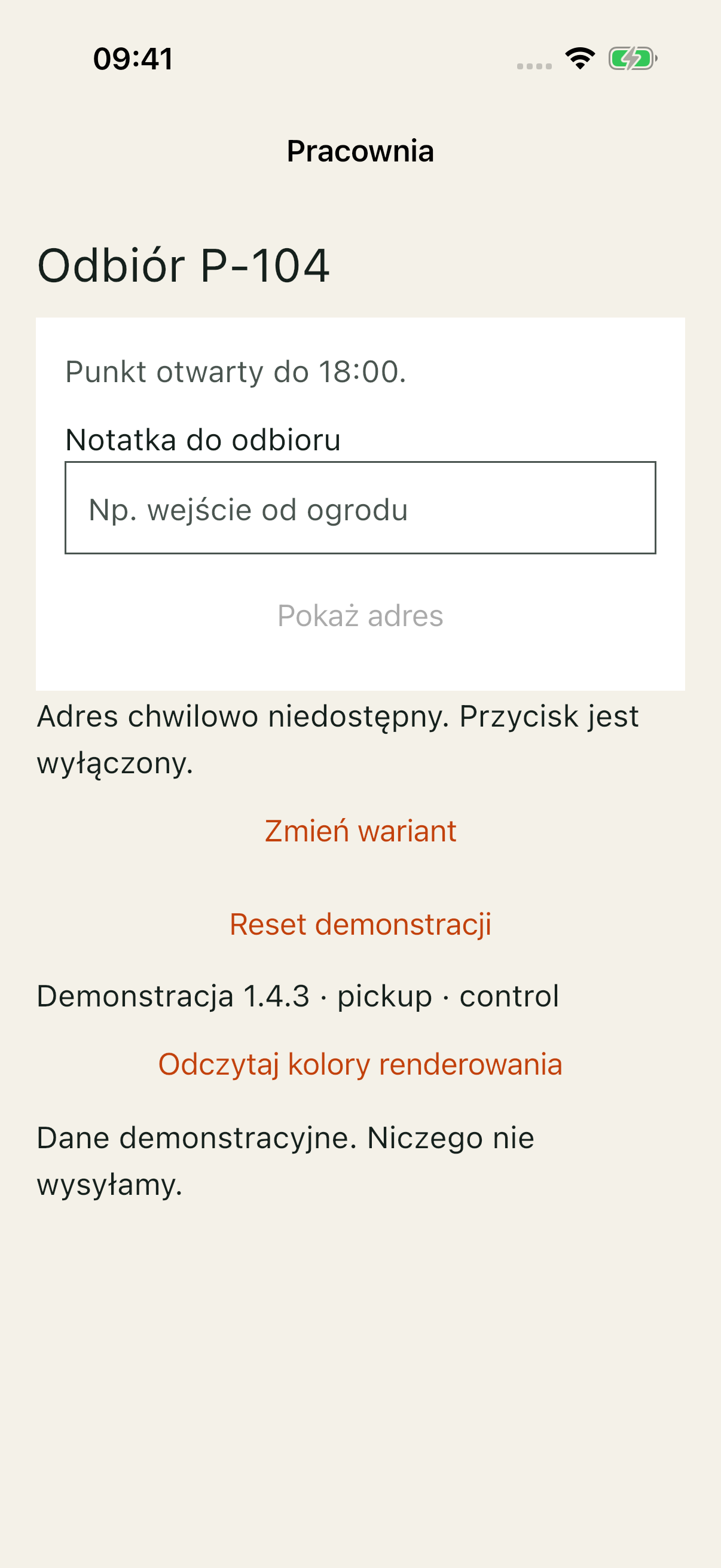 Pracownia iOS: czytelna instrukcja i jasny napis nieaktywnego przycisku Pokaż adres.