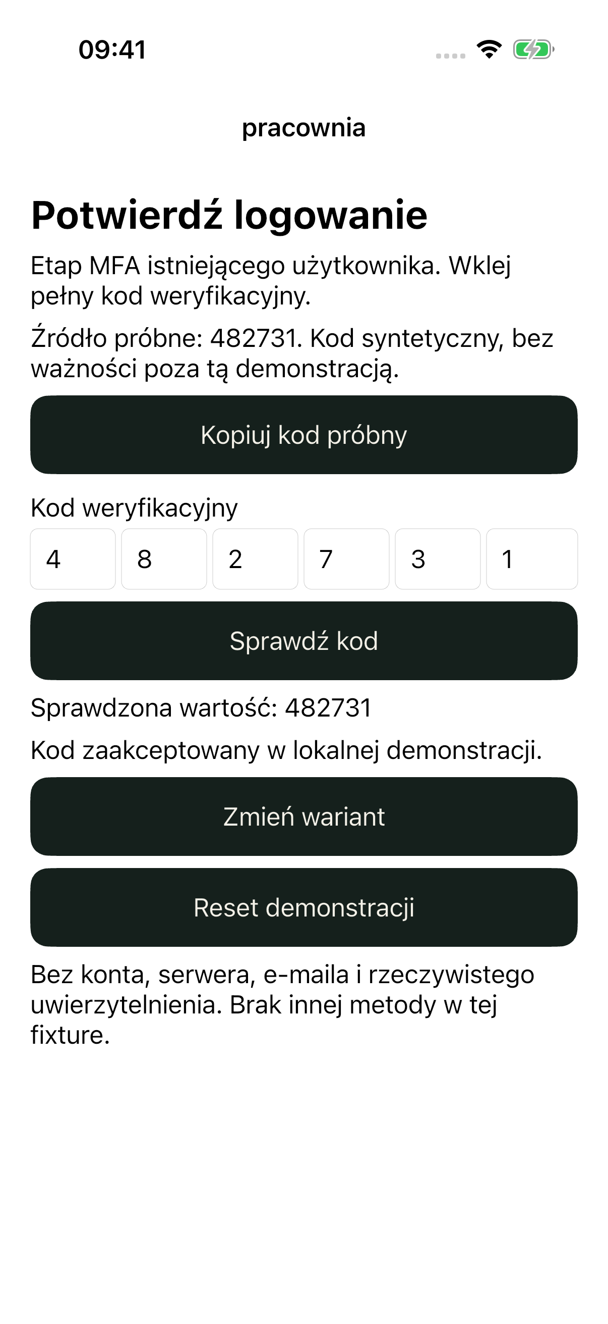 iOS control: sześć pól 4, 8, 2, 7, 3, 1 i przyjęty rekord 482731.