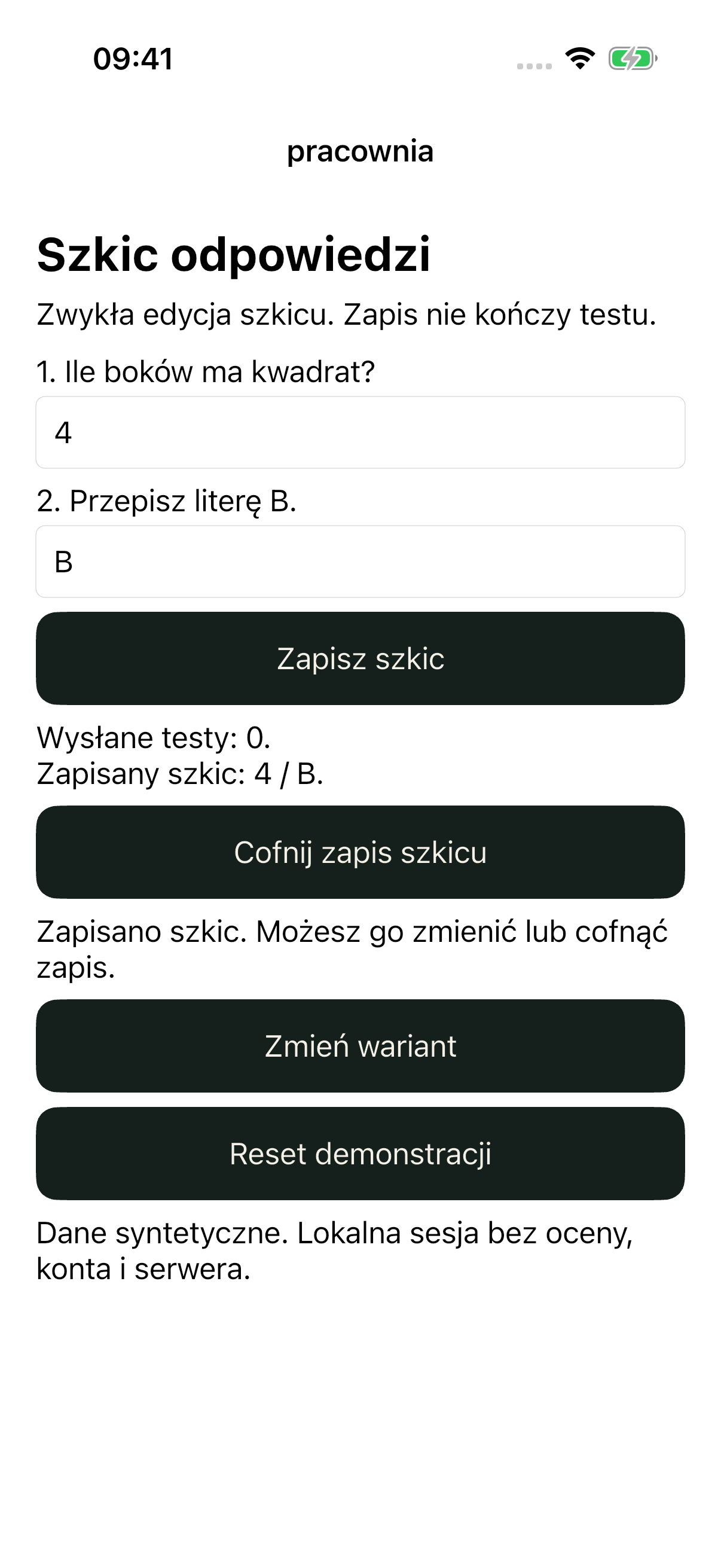 iOS control: zapisany szkic i pola 4 / B, zero wysłanych testów.