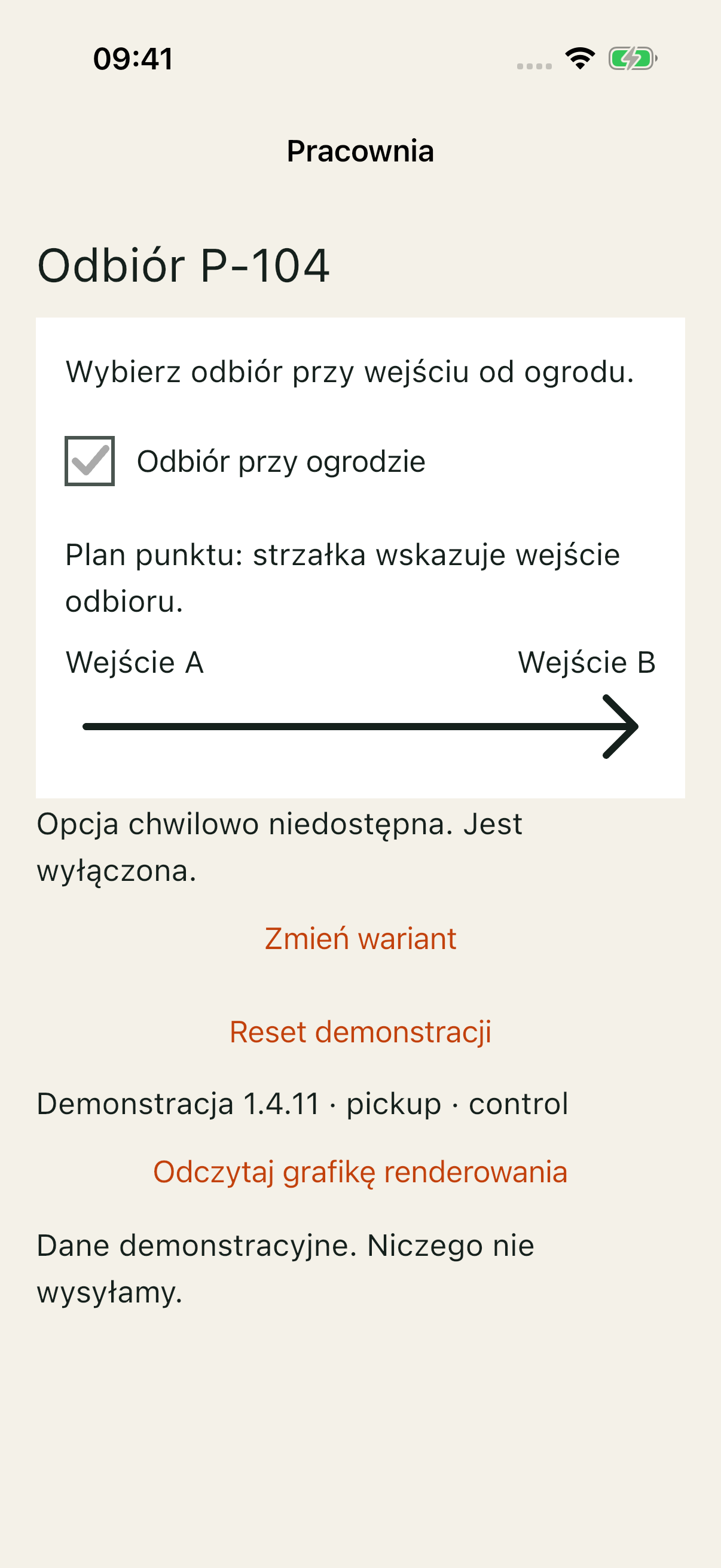 Pracownia: nieaktywna opcja ma jasny checkmark i tekstowy powód niedostępności; strzałka planu pozostaje ciemna.