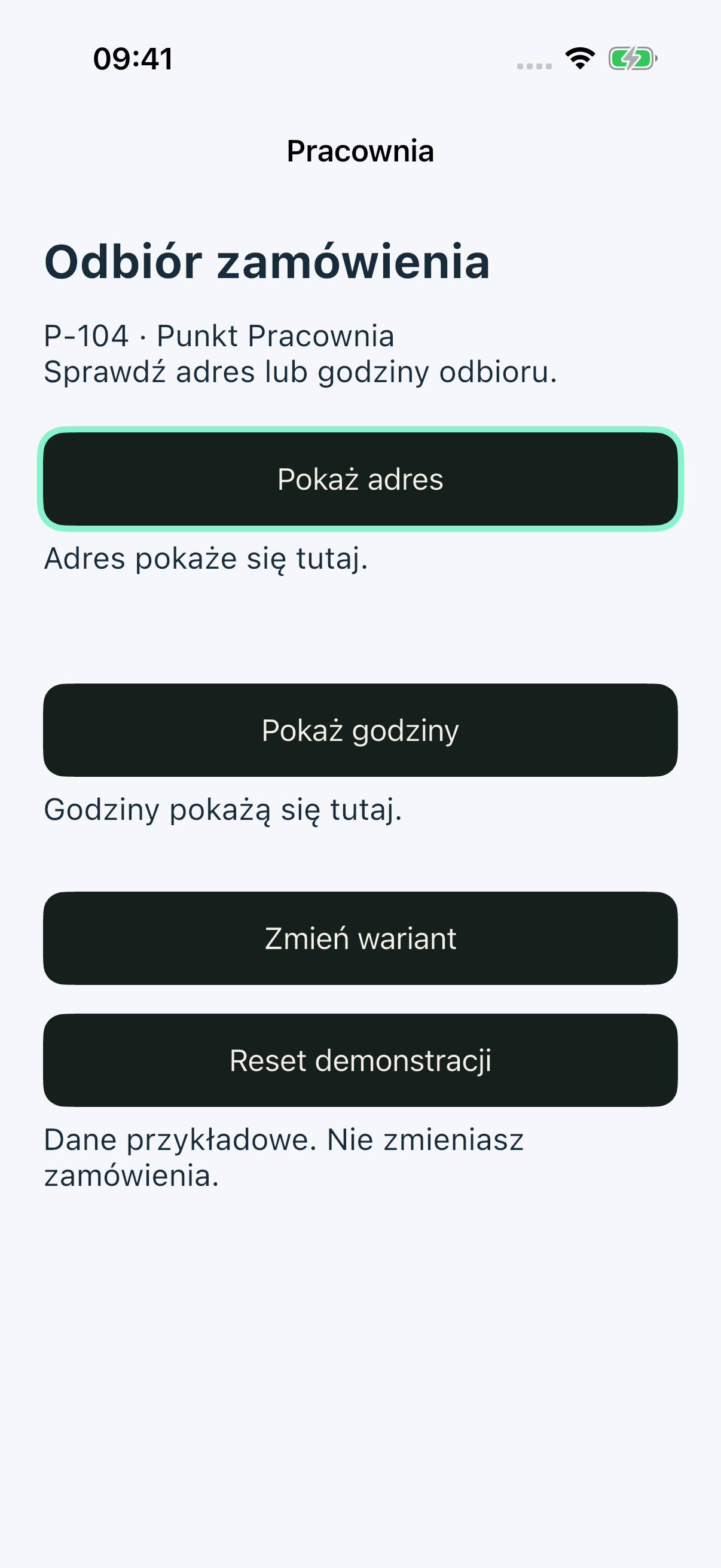 iOS Simulator, P-104: po Tab przycisk Pokaż adres ma domyślny miętowy obrys Cupertino