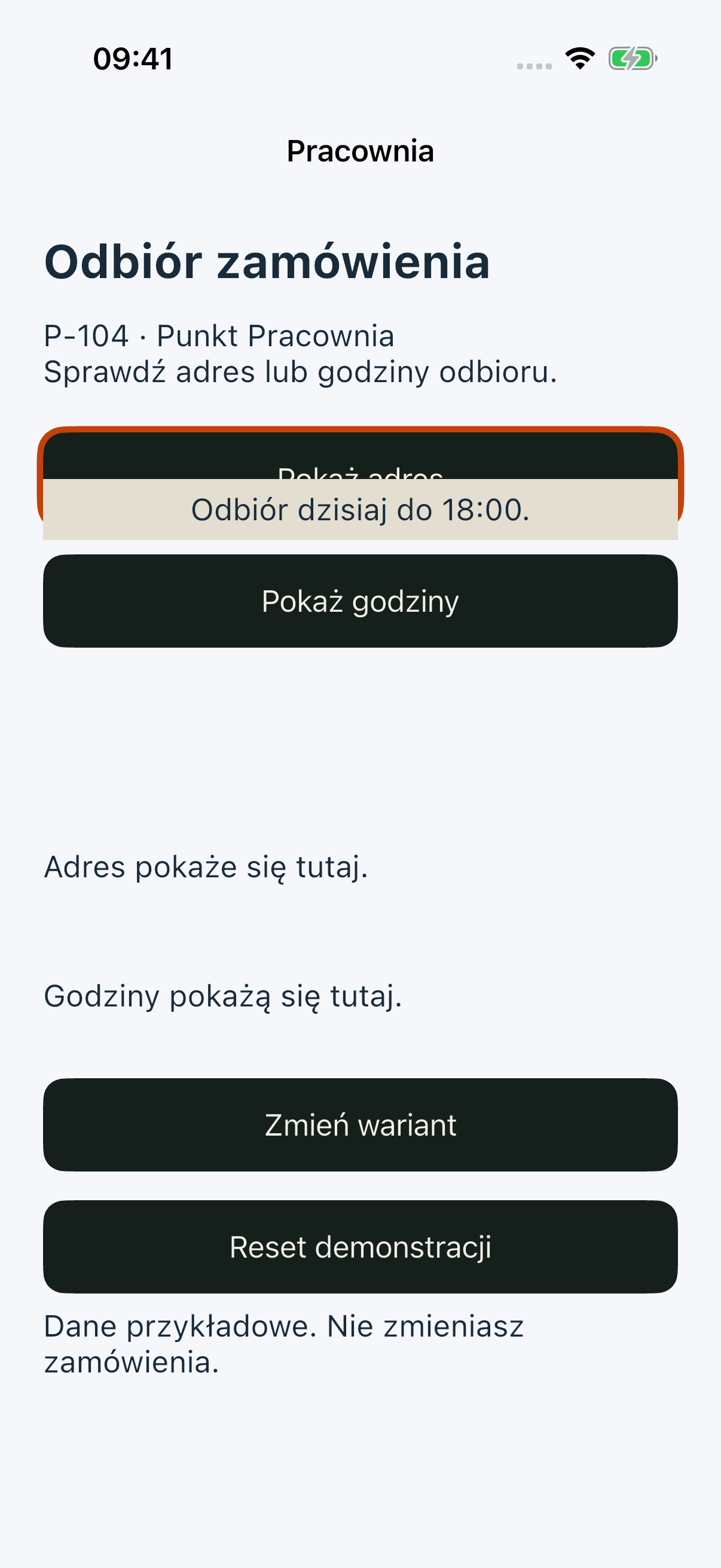 iOS Simulator: po Tab górna połowa przycisku Pokaż adres jest widoczna, a dolna jest zakryta powiadomieniem