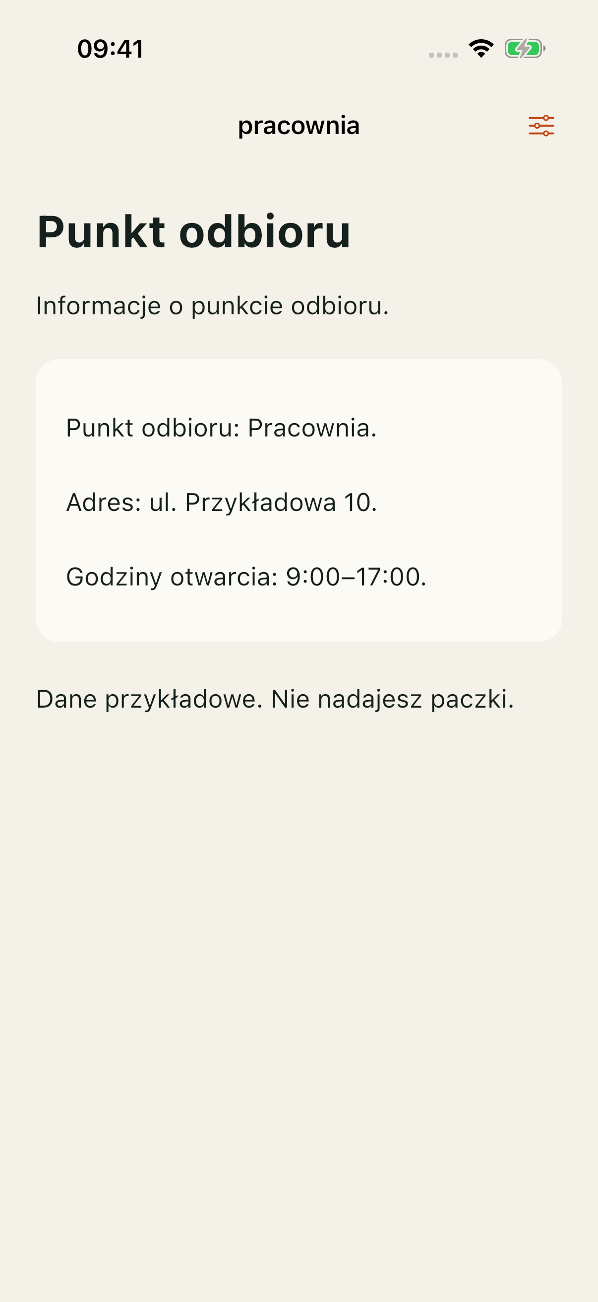 Własna demonstracja Flutter/Cupertino na iOS Simulator 26.5: control, trzy niezależne informacje punktu odbioru. Inny porządek całych etykiet nie zmienia ich znaczenia.