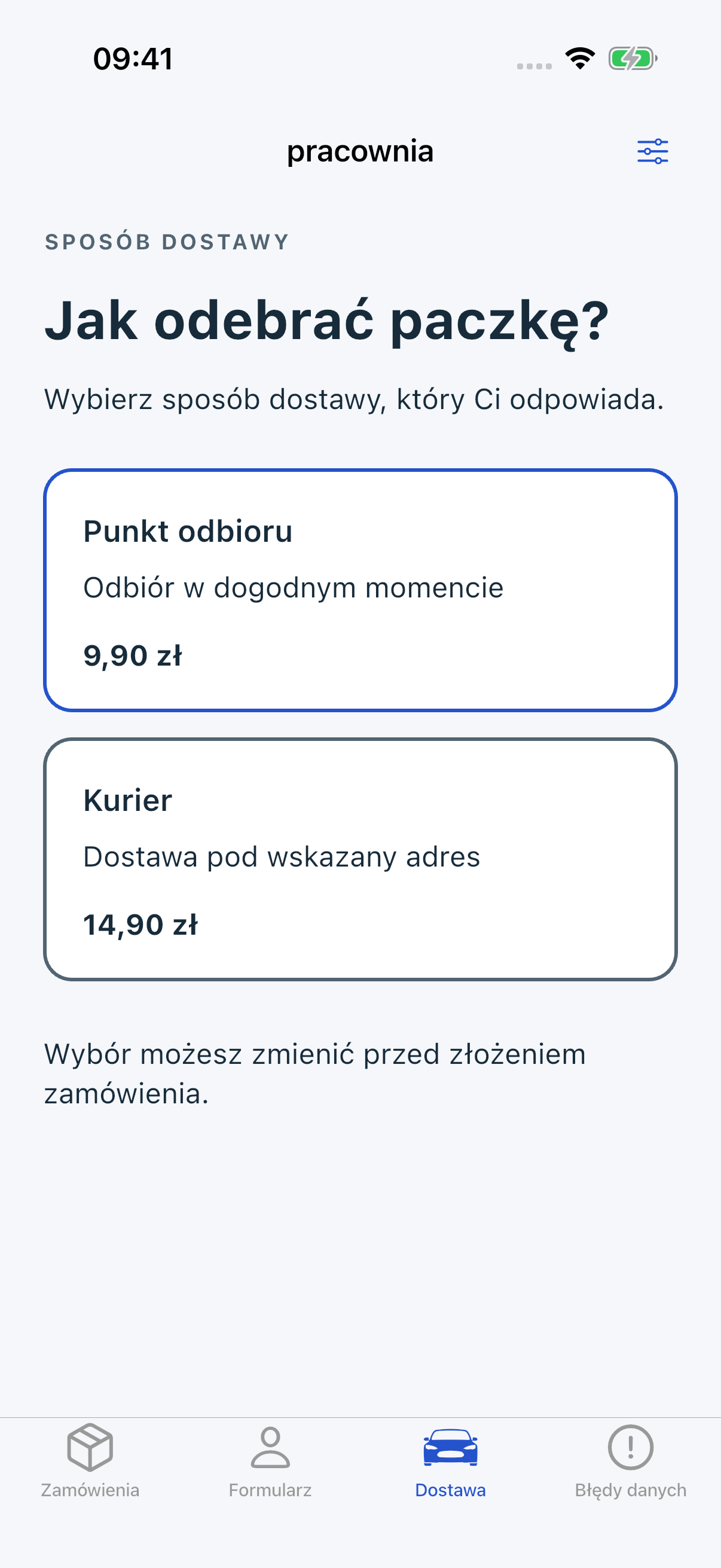 Pracownia iOS: Punkt odbioru ma niebieską ramkę, Kurier szarą, bez widocznego opisu wyboru.