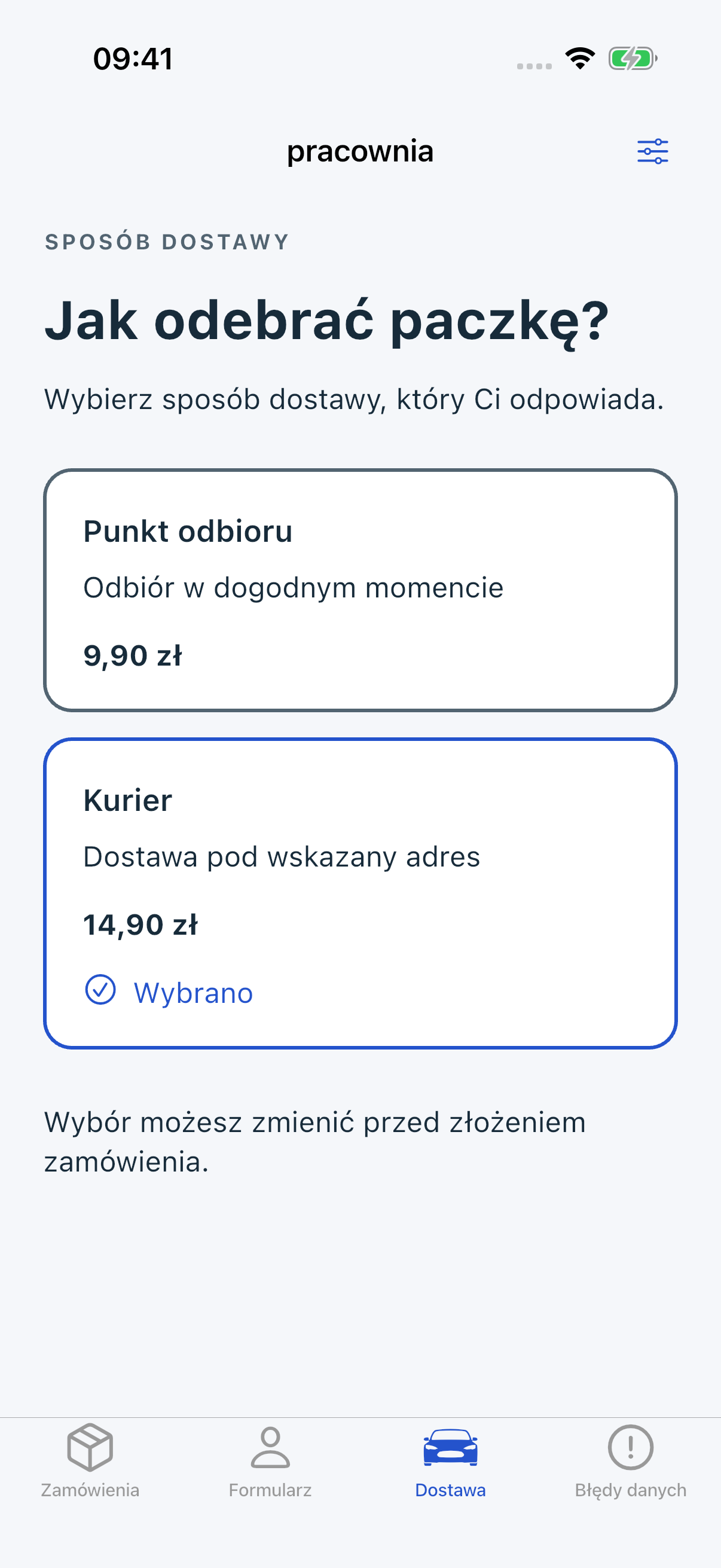 Pracownia iOS Cupertino: po dotknięciu Kuriera wybrana opcja ma znacznik i napis Wybrano.
