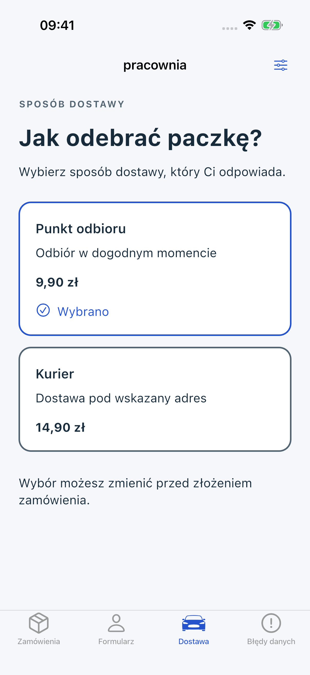 Pracownia iOS: Punkt odbioru ma znacznik i napis Wybrano.