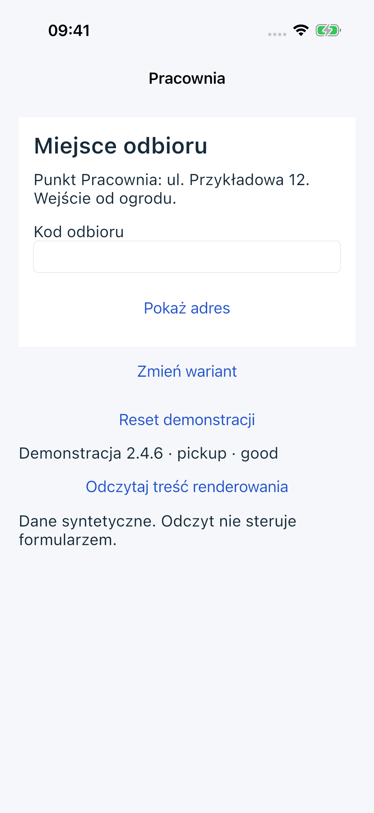 iOS Simulator: poprawny nagłówek Miejsce odbioru, Kod odbioru i Pokaż adres przed wpisaniem