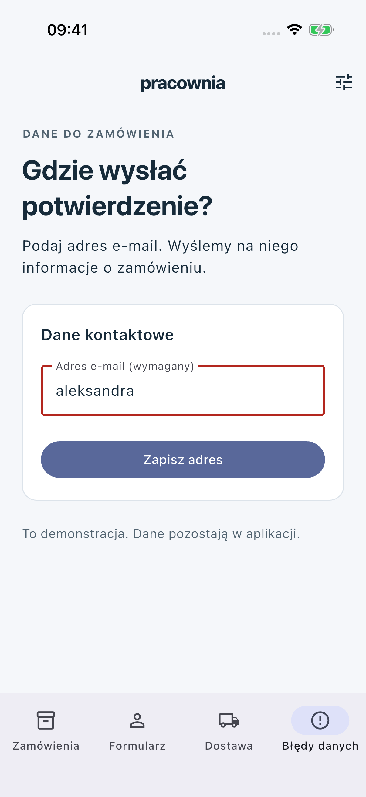 Bad po Zapisz adres: aleksandra i czerwona ramka bez opisu problemu.