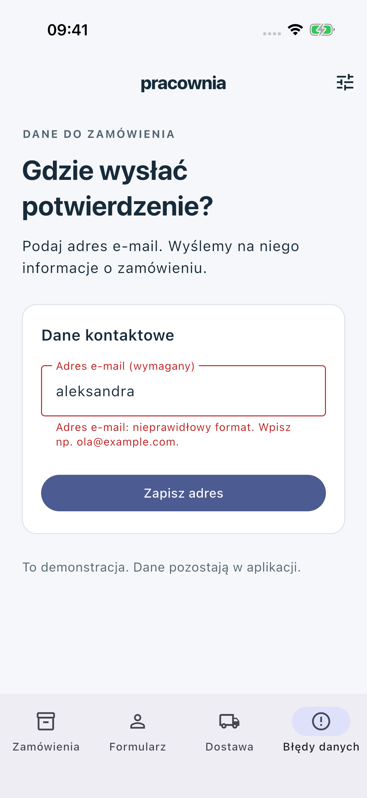 Good po Zapisz adres: tekst nazywa e-mail i nieprawidłowy format.