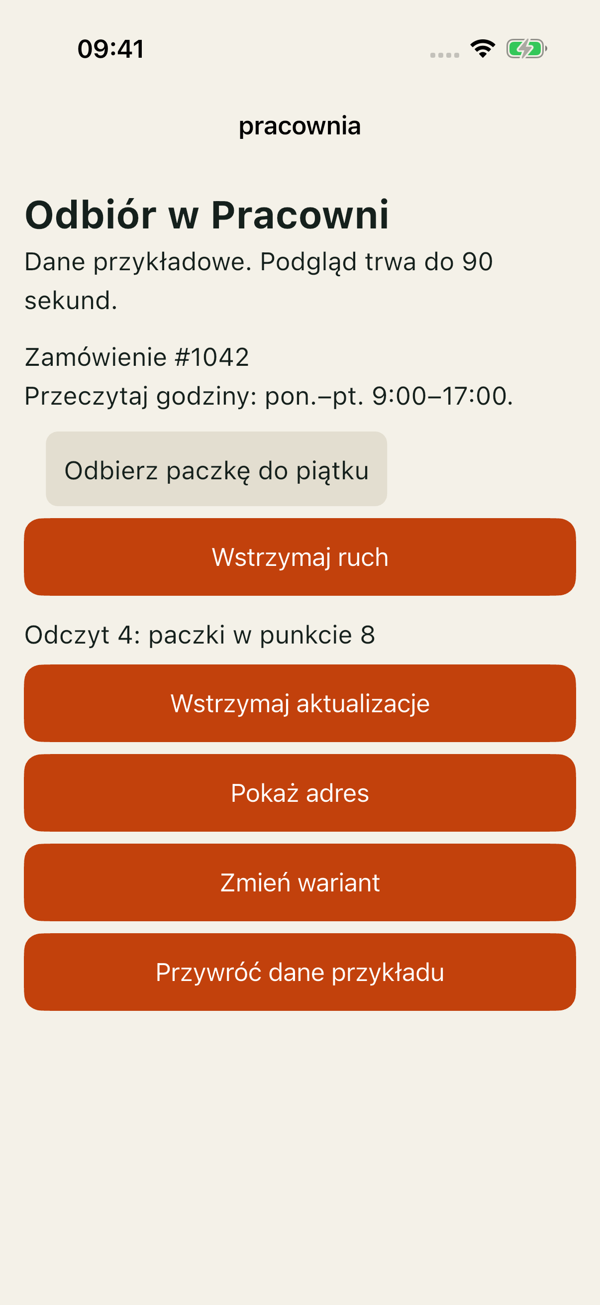 Pracownia good przy automatycznych zmianach: odczyt 4, kontrole Wstrzymaj ruch i Wstrzymaj aktualizacje.