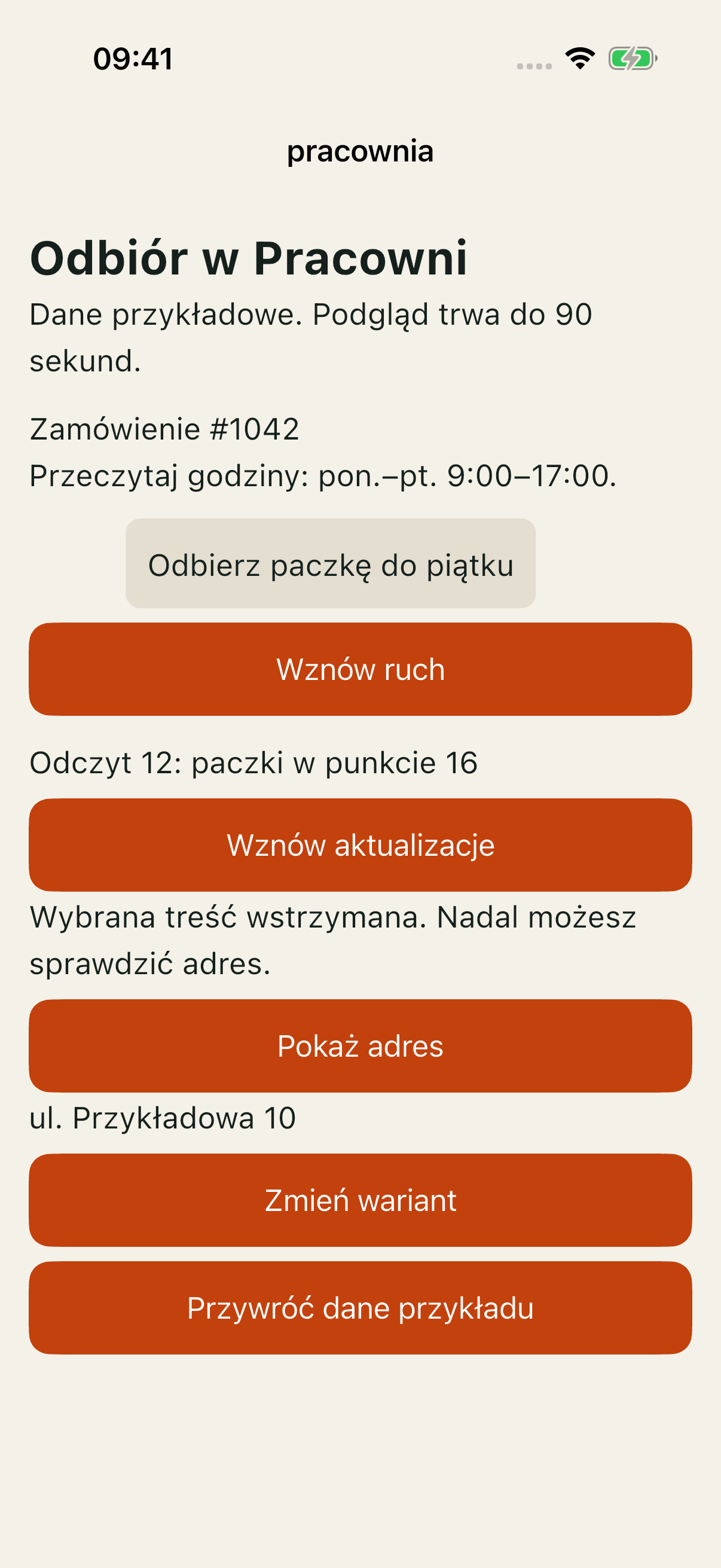 Good po obu pauzach: odczyt 12, przyciski wznowienia i ujawniony adres ul. Przykładowa 10.