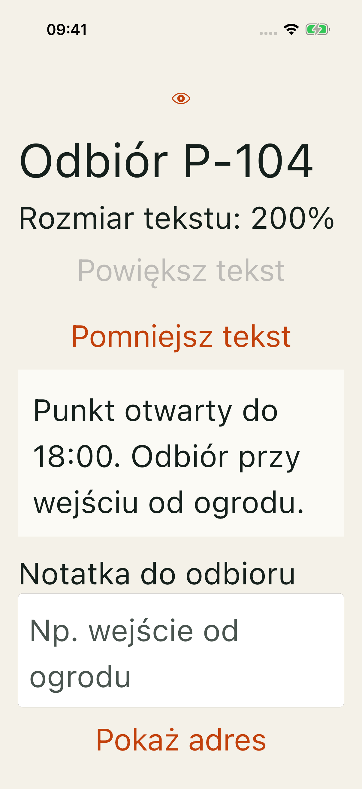Pracownia iOS 200% własnej skali: pełna godzina i instrukcja wejścia, pole mieszczące placeholder.