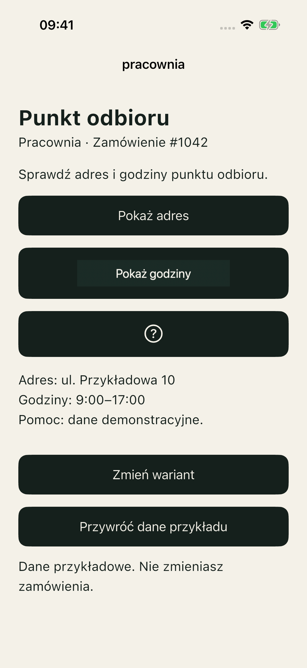 Good po aktywacji: adres ul. Przykładowa 10, godziny 9:00–17:00 i informacja pomocy.