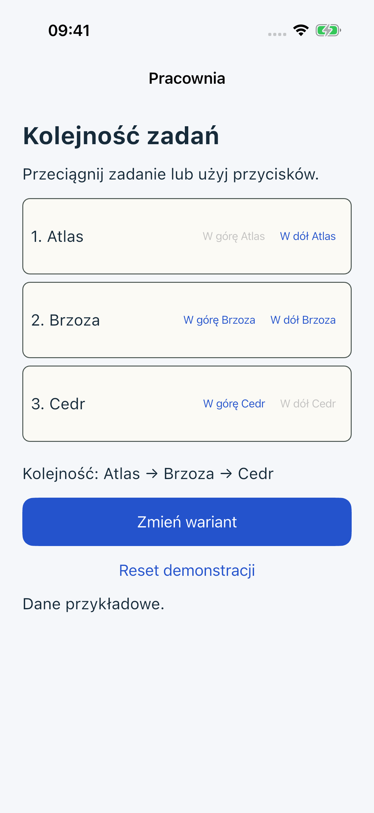 Good przed zmianą: Atlas, Brzoza, Cedr i przyciski W górę oraz W dół.