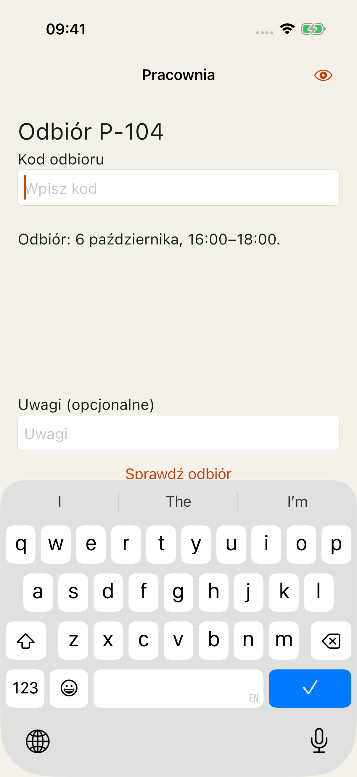 Pracownia na iOS, good po zamknięciu instrukcji: widoczny termin, kursor w polu i otwarta klawiatura.
