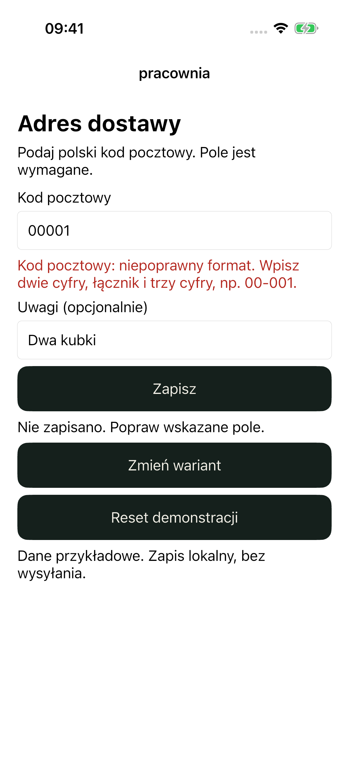 iOS good: ten sam błąd uzupełniony o dwie cyfry, łącznik, trzy cyfry i przykład 00-001.